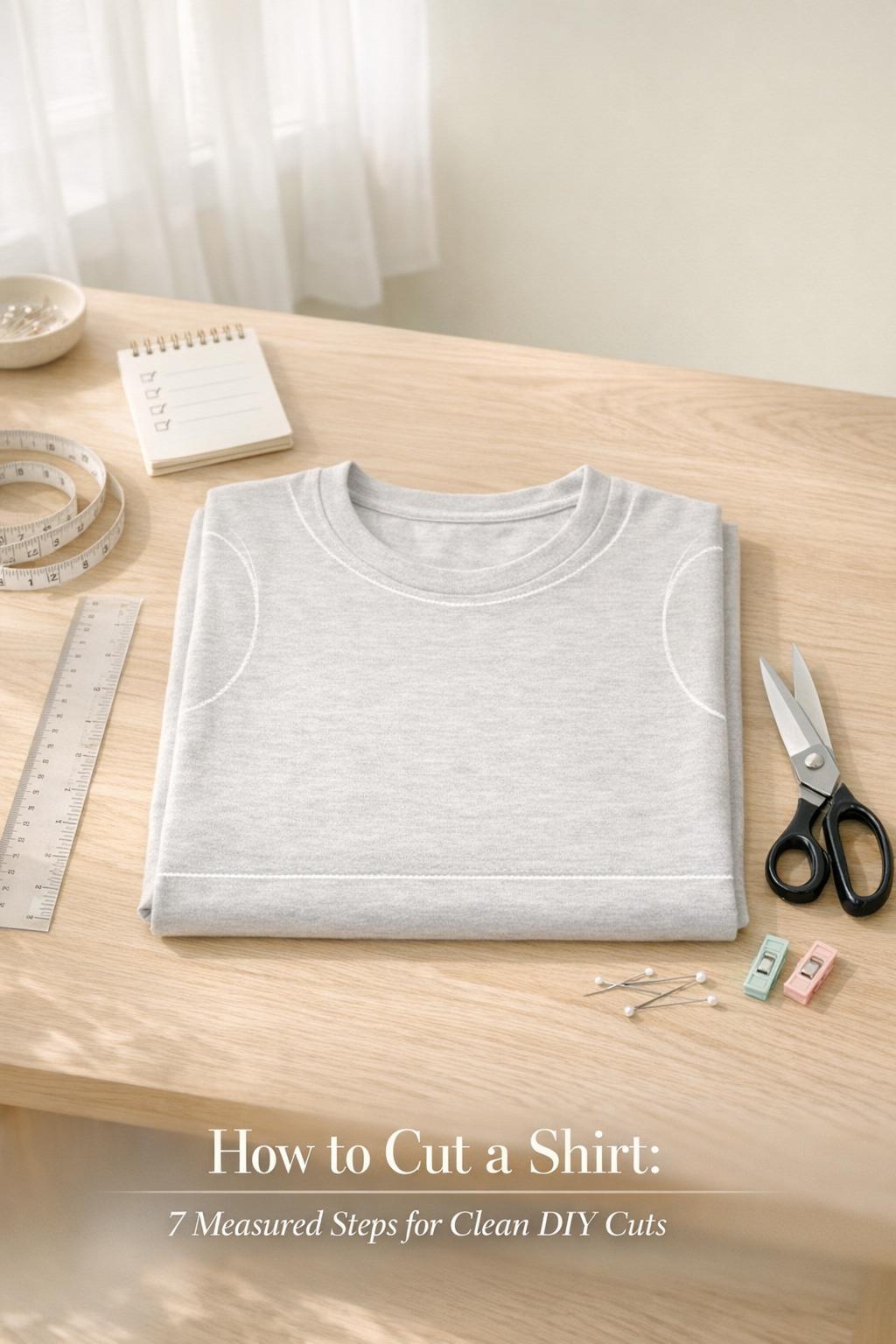 How to cut a shirt DIY workspace with chalk-marked neutral tee, scissors, ruler, and pins in soft morning light