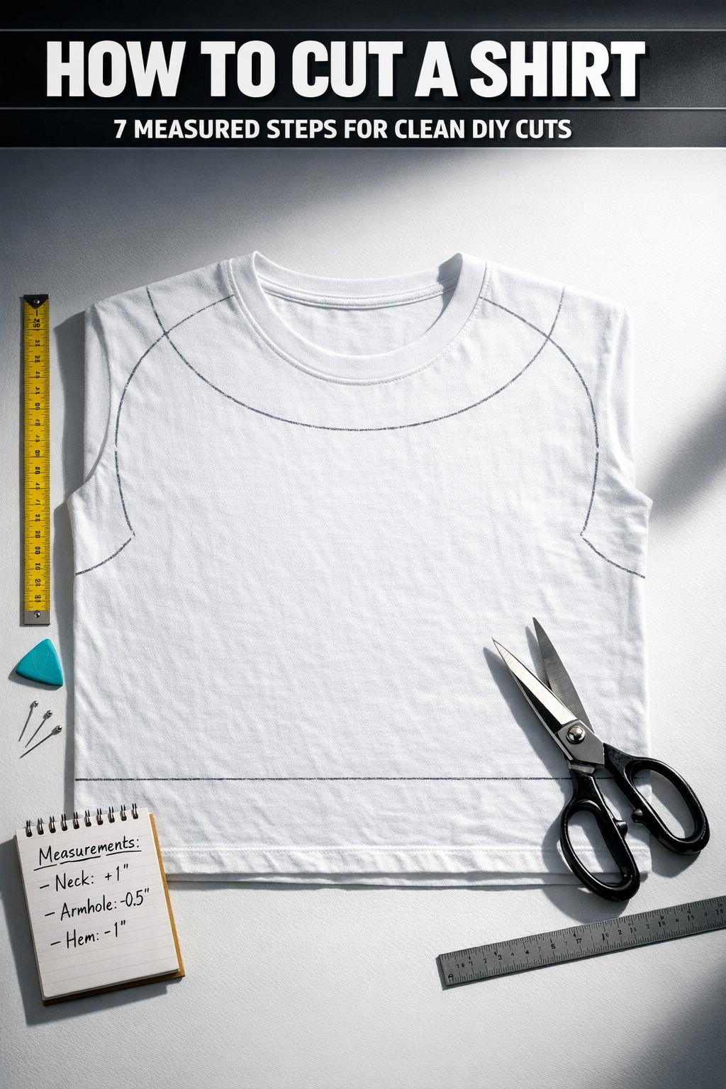 How to cut a shirt: hands trimming a T-shirt with scissors on a cutting mat for a clean DIY crop