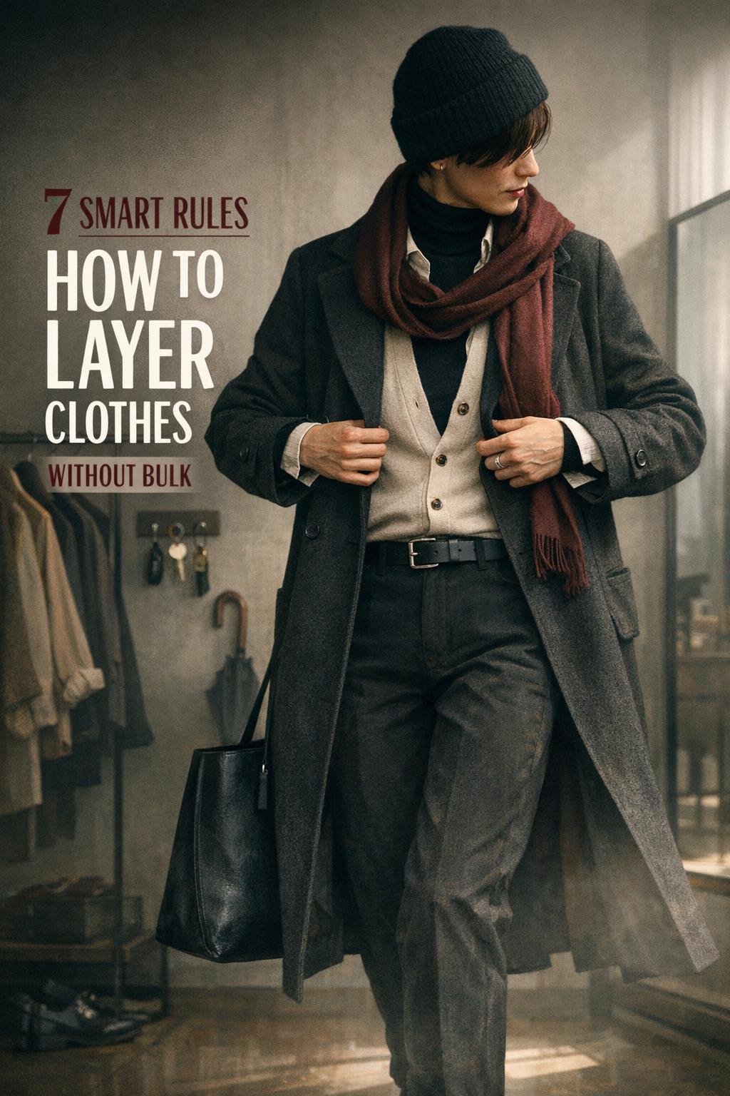 How to layer clothes outfit with trench coat, scarf and cardigan in a moody minimalist entryway wardrobe scene