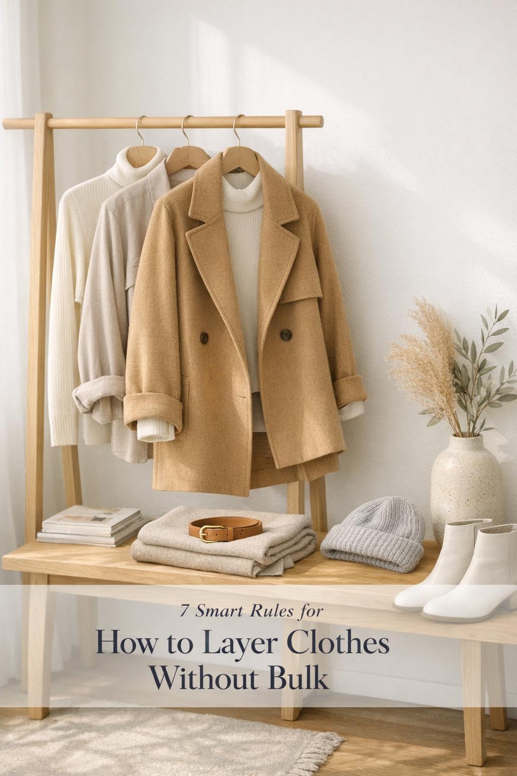 How to layer clothes wardrobe corner with neutral layered outfit on oak rack, scarf belt beanie and sneakers in soft window light