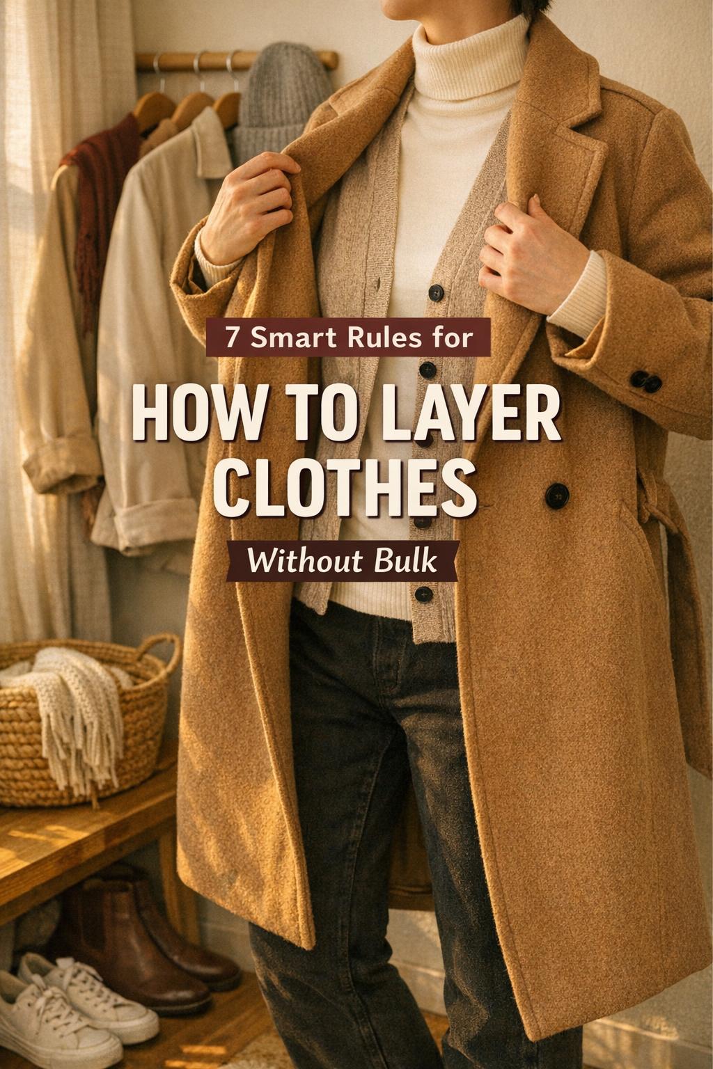 how to layer clothes in a cozy entryway, adult styling turtleneck, cardigan, and camel coat in golden-hour light