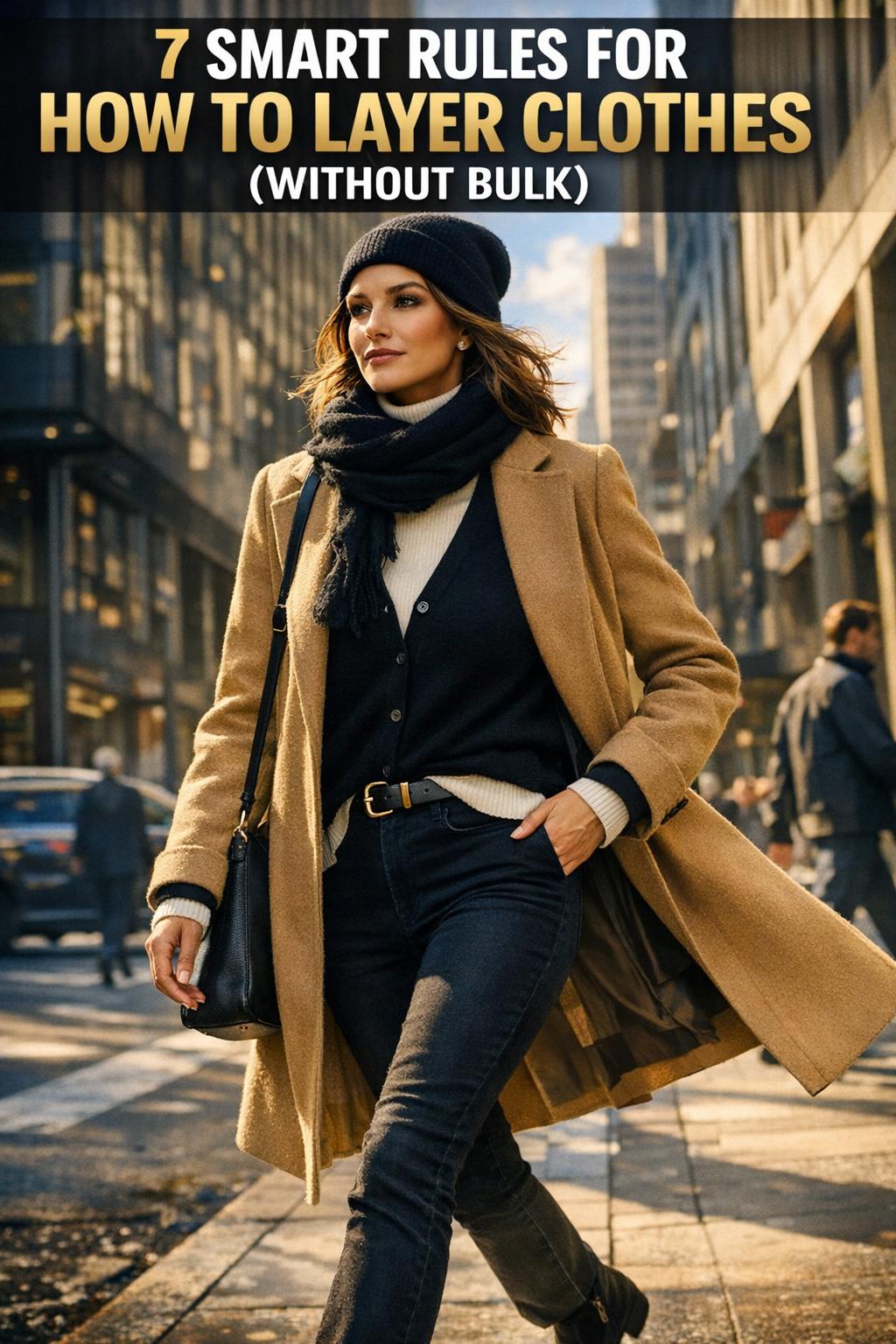 Woman demonstrating how to layer clothes with a coat, scarf, and sweater for a stylish cold-weather outfit