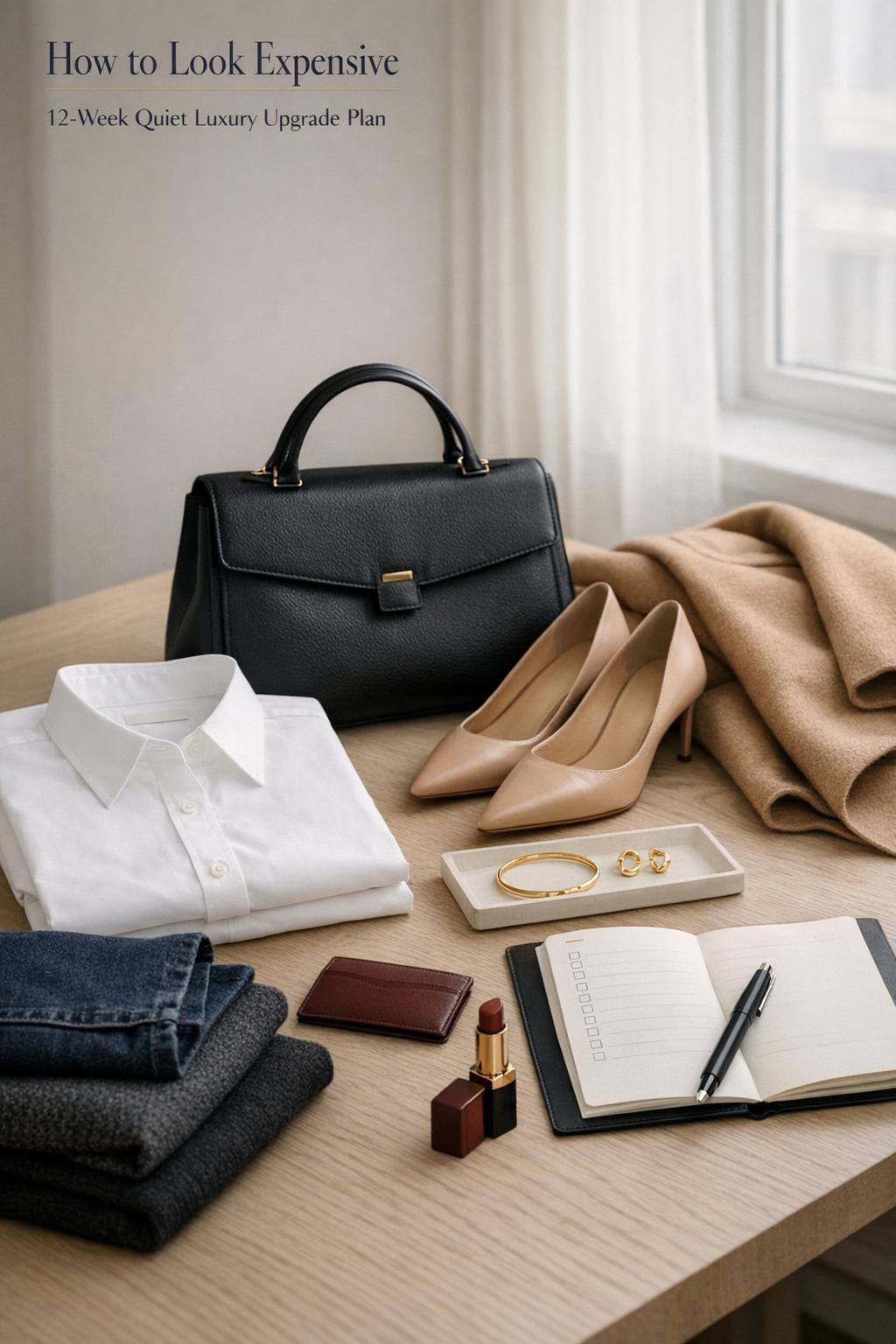 How to look expensive: quiet luxury capsule wardrobe flat lay with white shirt, leather bag, heels, camel coat and jewelry