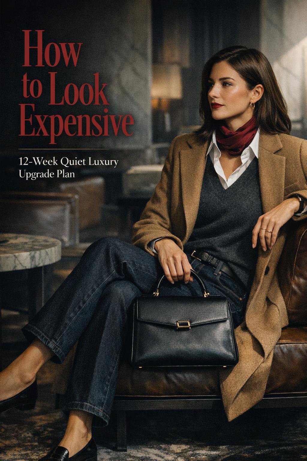 How to look expensive in a quiet luxury city lobby, woman in camel coat with black leather handbag and moody side light