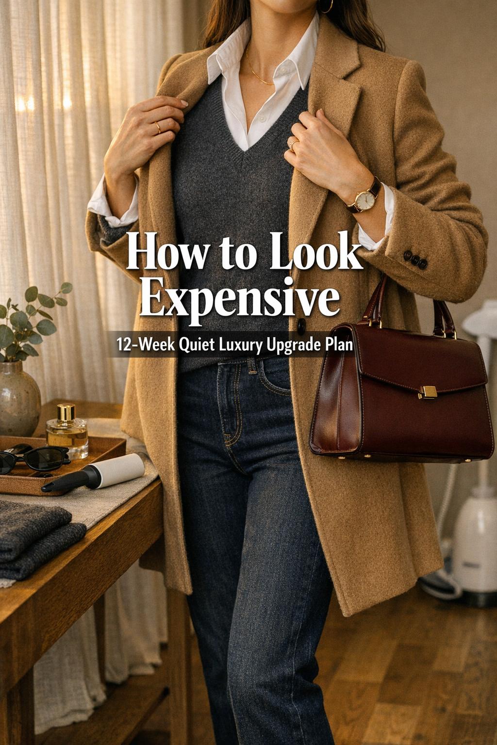 How to look expensive guide in golden-hour entryway: woman adjusting camel coat with leather handbag and minimalist vanity decor.