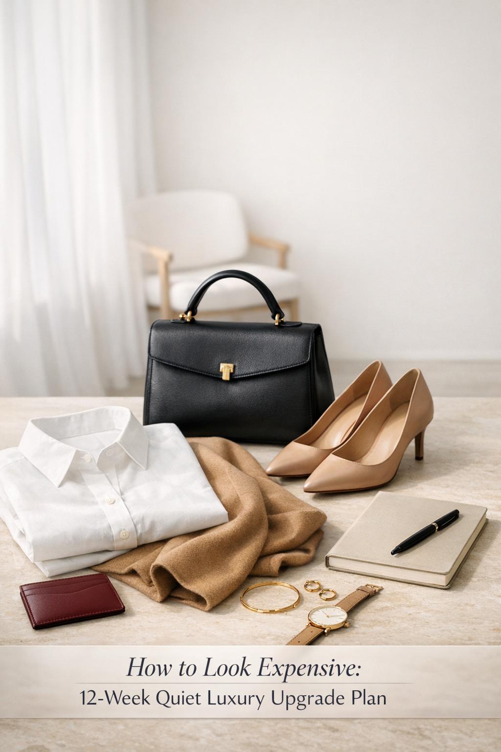How to look expensive workspace flat lay with white shirt, camel coat, black handbag, nude heels, gold jewelry and notebook