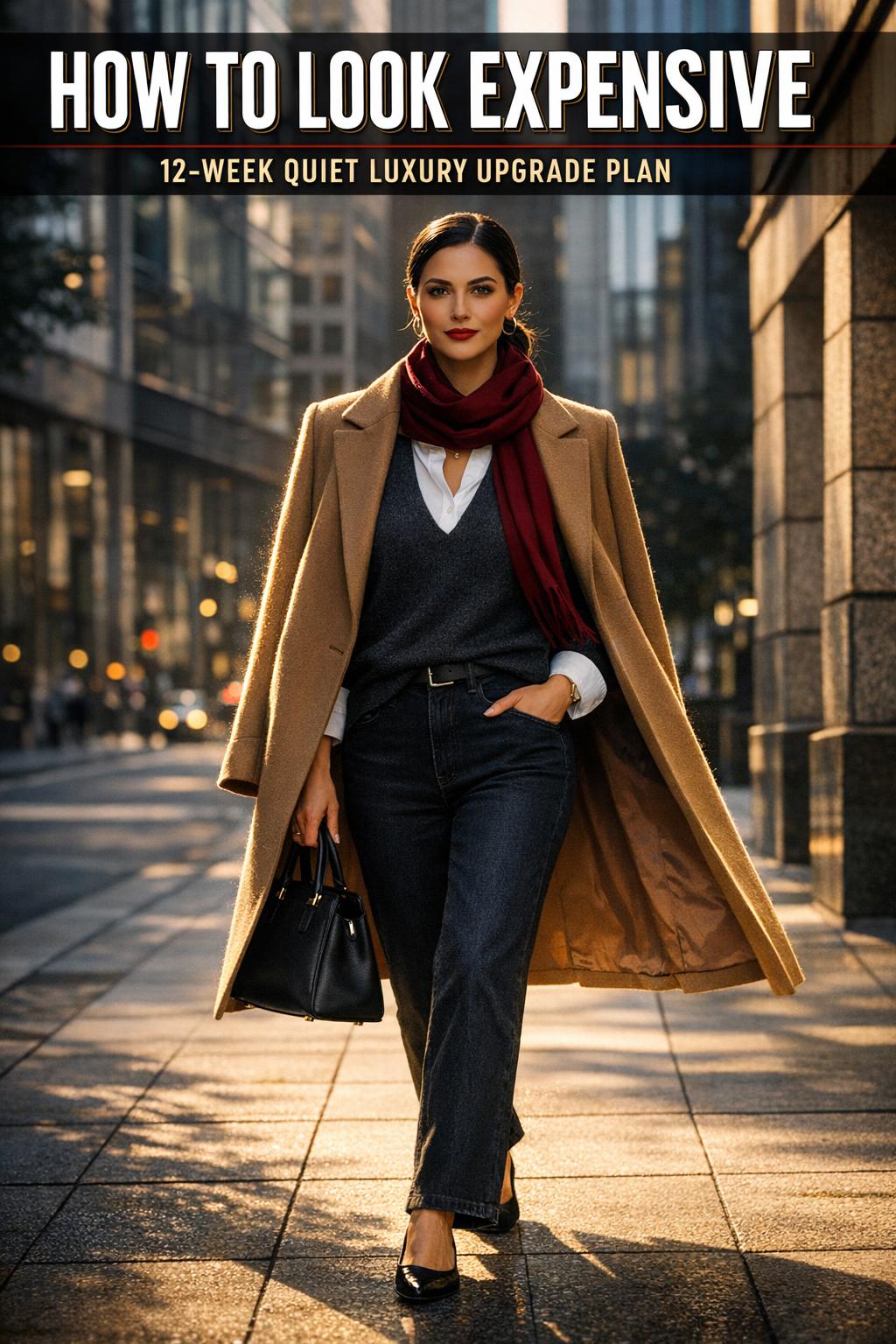 How to look expensive: chic woman in a tailored blazer with gold jewelry and a neutral handbag in natural light