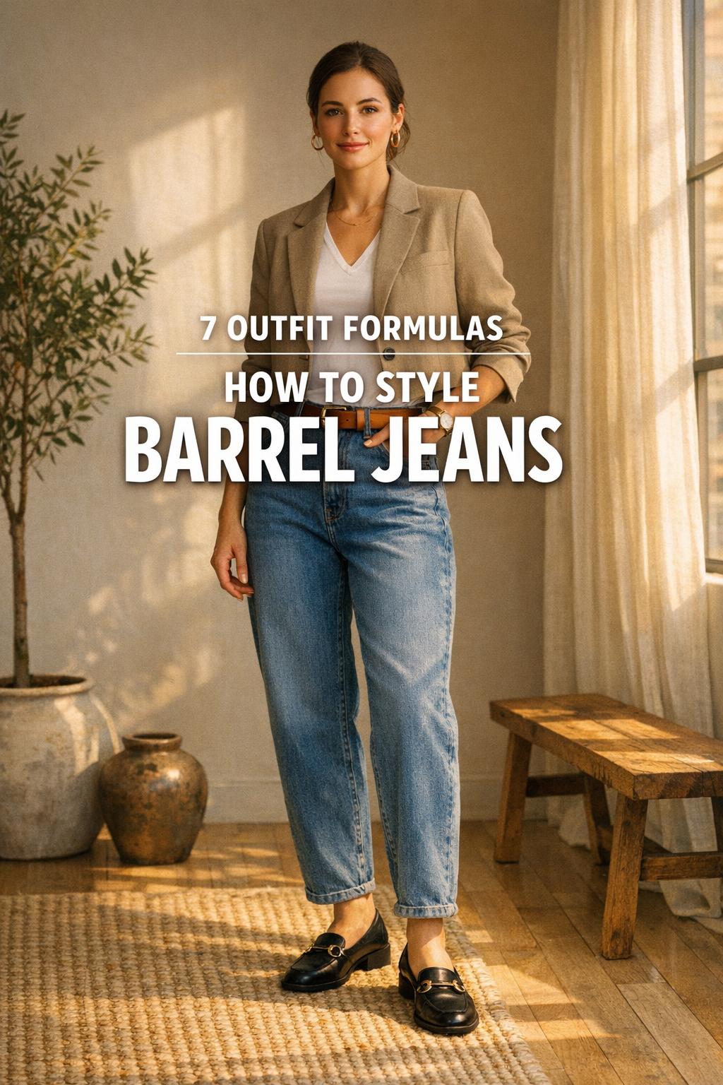 How to style barrel jeans outfit formulas on a confident woman in a sunlit city apartment entryway, editorial full-body photo