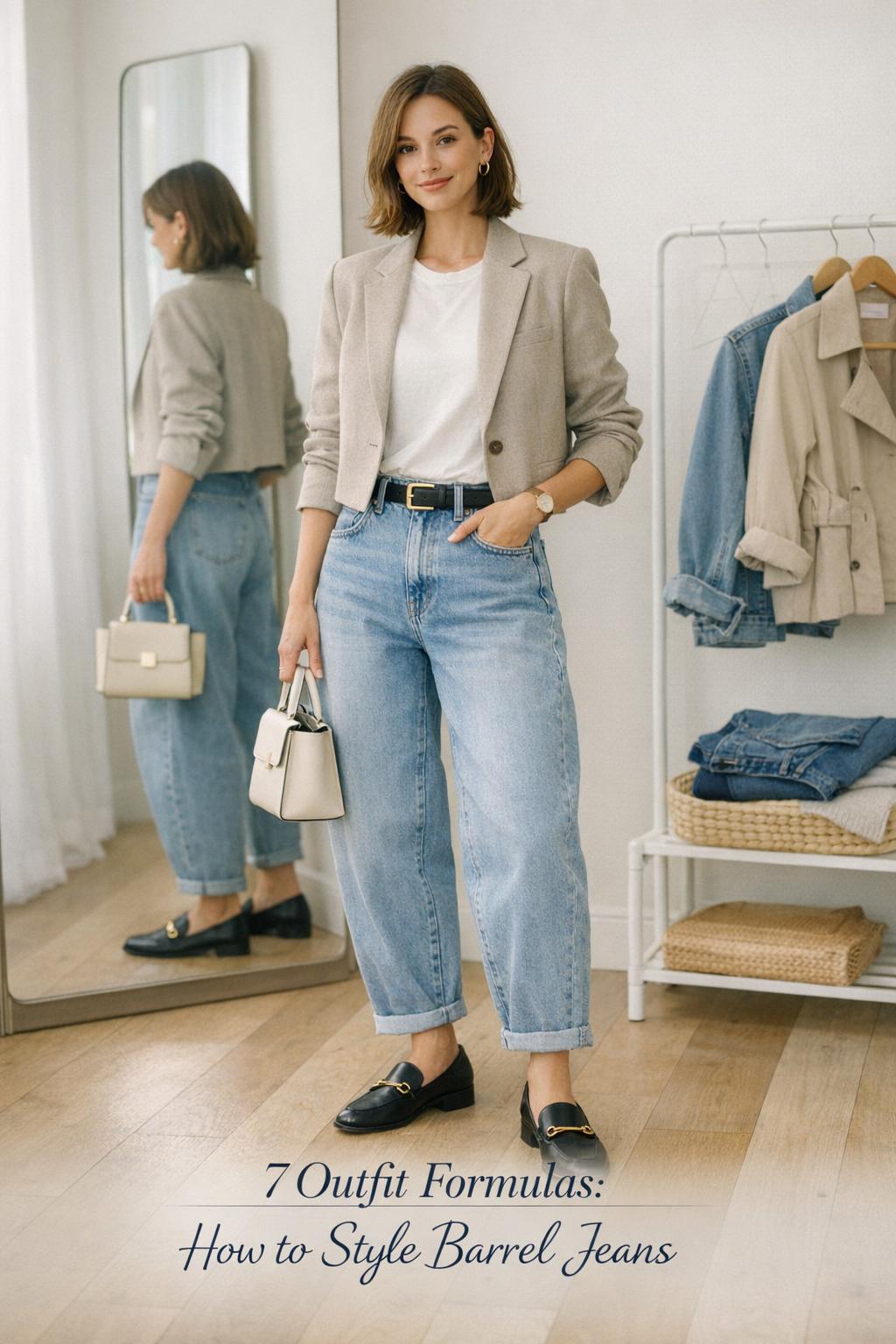 How to style barrel jeans in a modern city entryway with a woman in light-wash denim, blazer, and loafers
