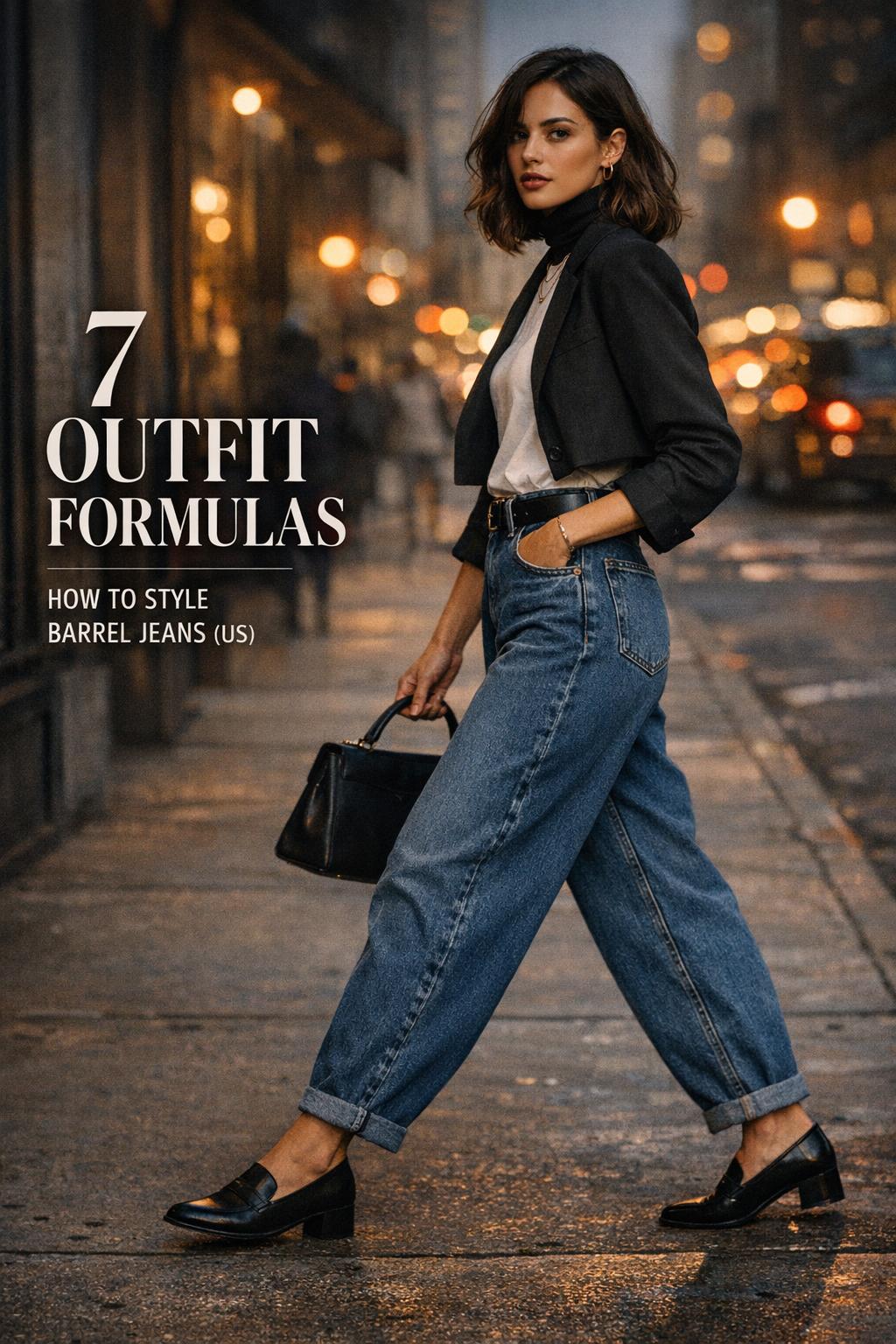 How to style barrel jeans in a moody golden-hour street style photo with blazer, white tee, and high-waisted denim