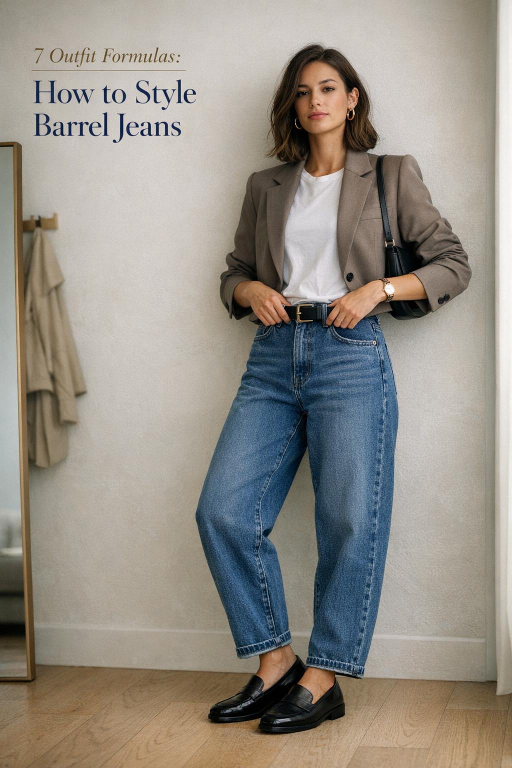 How to style barrel jeans in a minimalist studio street style outfit with a taupe blazer, white tee, and black loafers