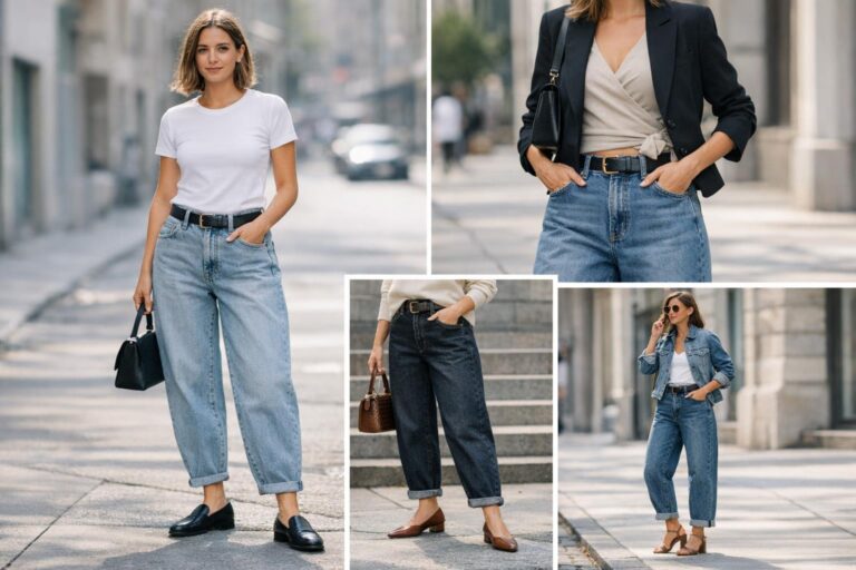 How to style barrel jeans outfit with a tucked-in tee, cropped jacket, and loafers for balanced proportions.