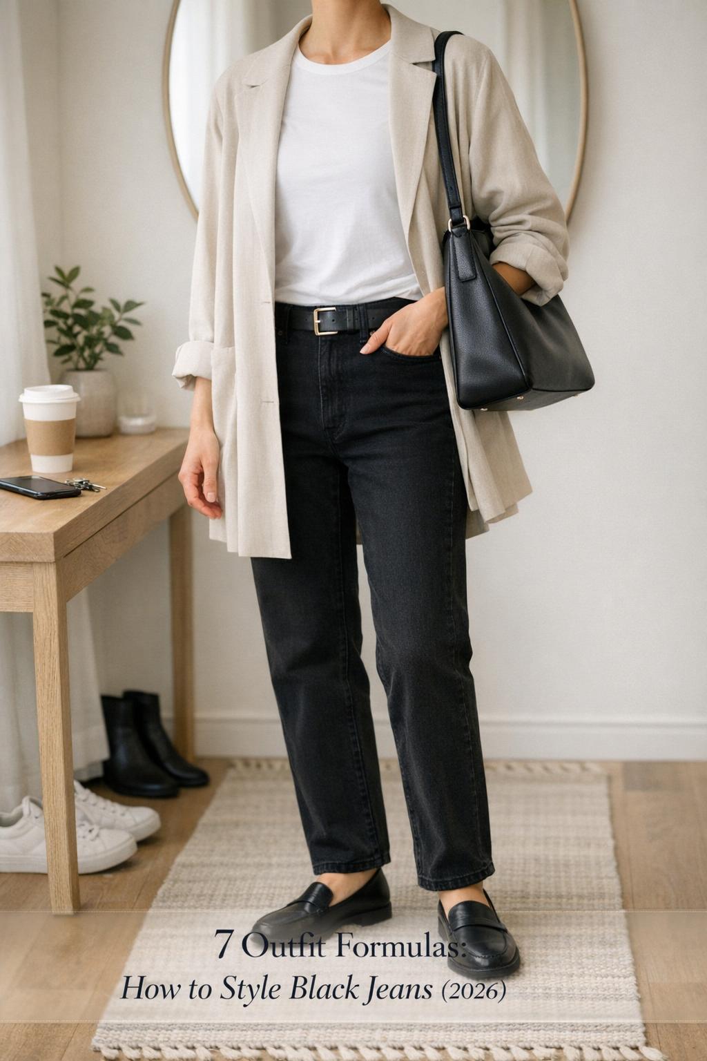 How to style black jeans in 2026 with a white tee, beige trench, muted gold belt, and black loafers in a bright entryway