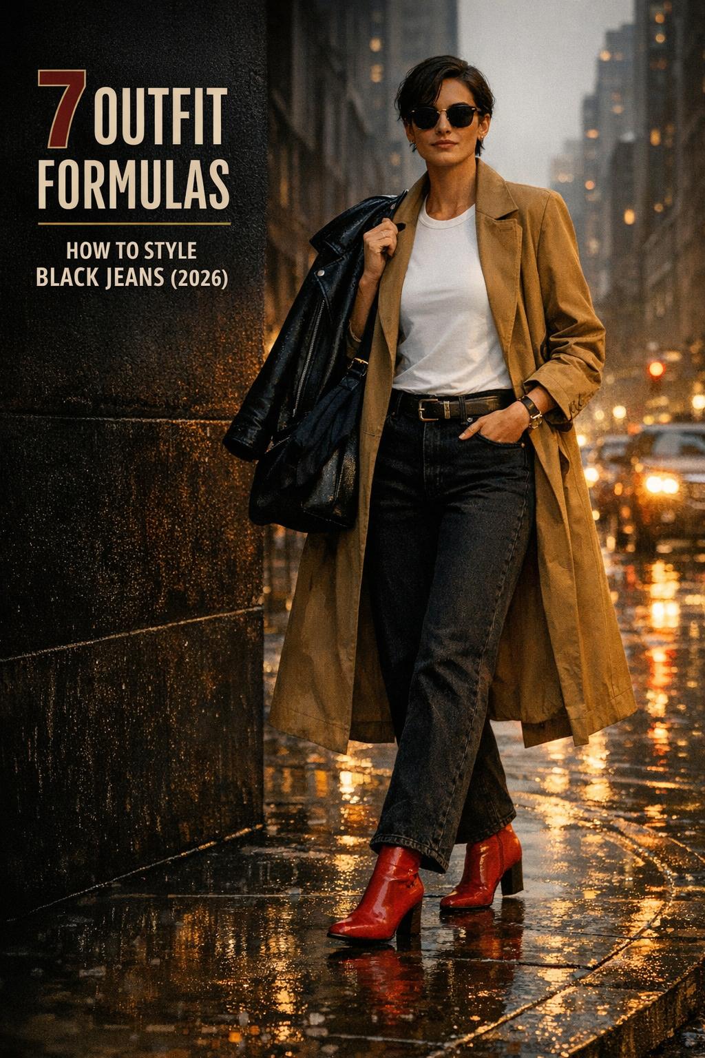 How to style black jeans: stylish adult in black jeans and blazer on a rainy city street at dusk with cinematic text overlay