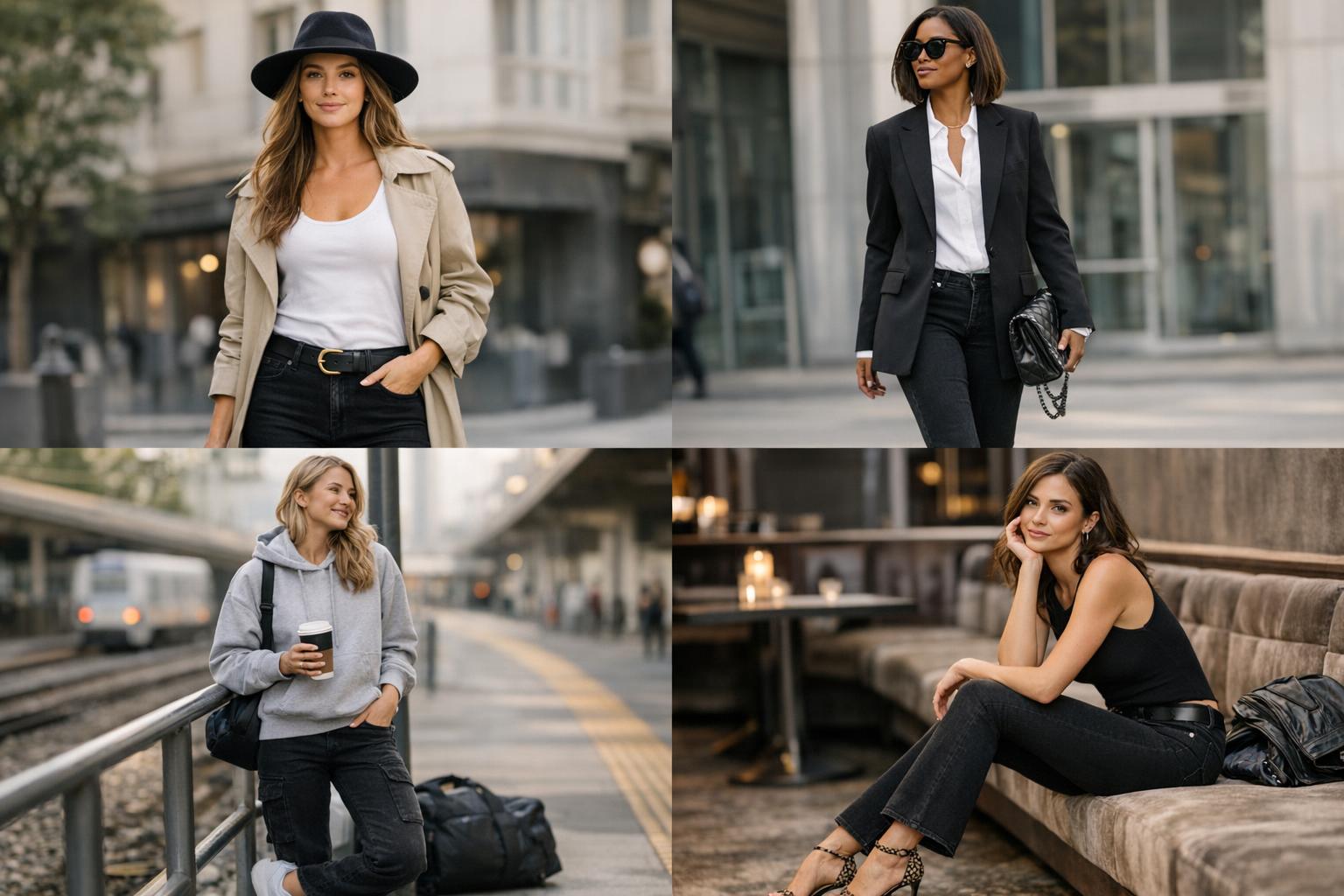 How to style black jeans with a blazer, white tee, and loafers in a modern US street-style outfit