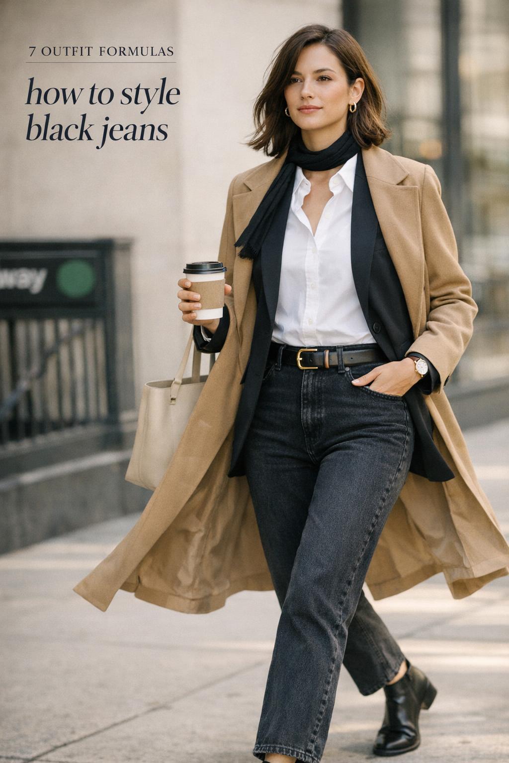 how to style black jeans outfit formula with blazer and camel trench on a city commute, crisp white shirt and gold belt