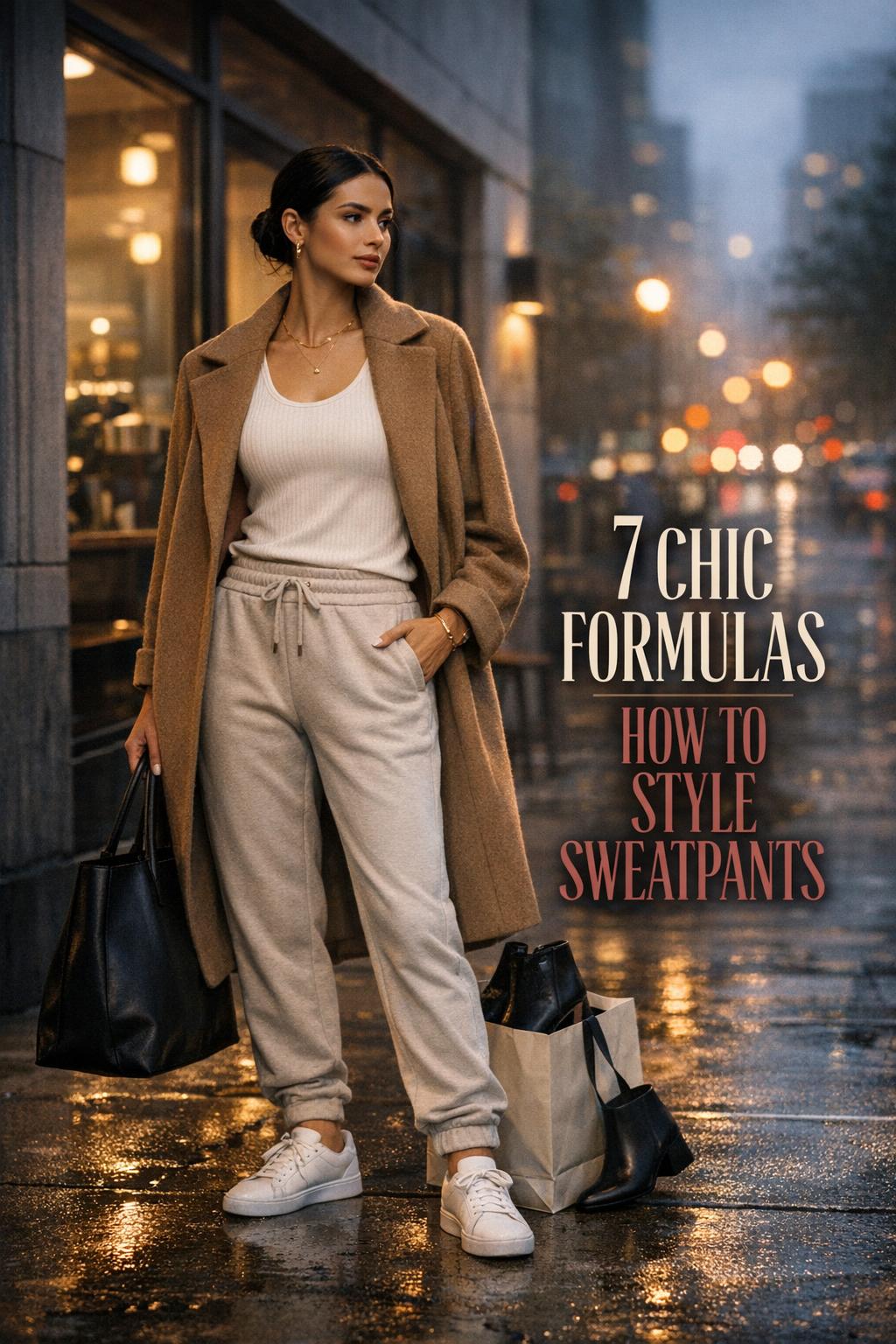 How to style sweatpants editorial photo of a chic woman in neutral streetwear outside a coffee shop at dusk with bold text