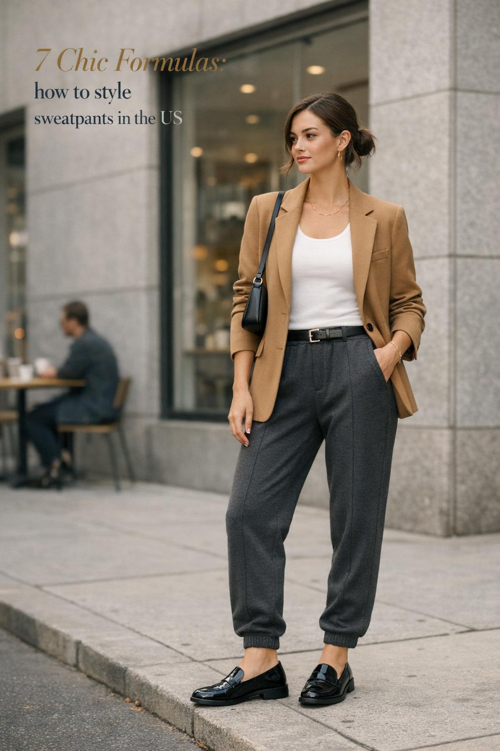 How to style sweatpants with a camel blazer, white ribbed top, and black loafers on a city sidewalk outside a coffee shop