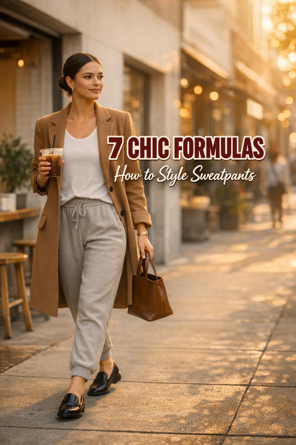 How to style sweatpants outfit with camel blazer, white top, and black loafers, walking outside a minimalist café at golden hour