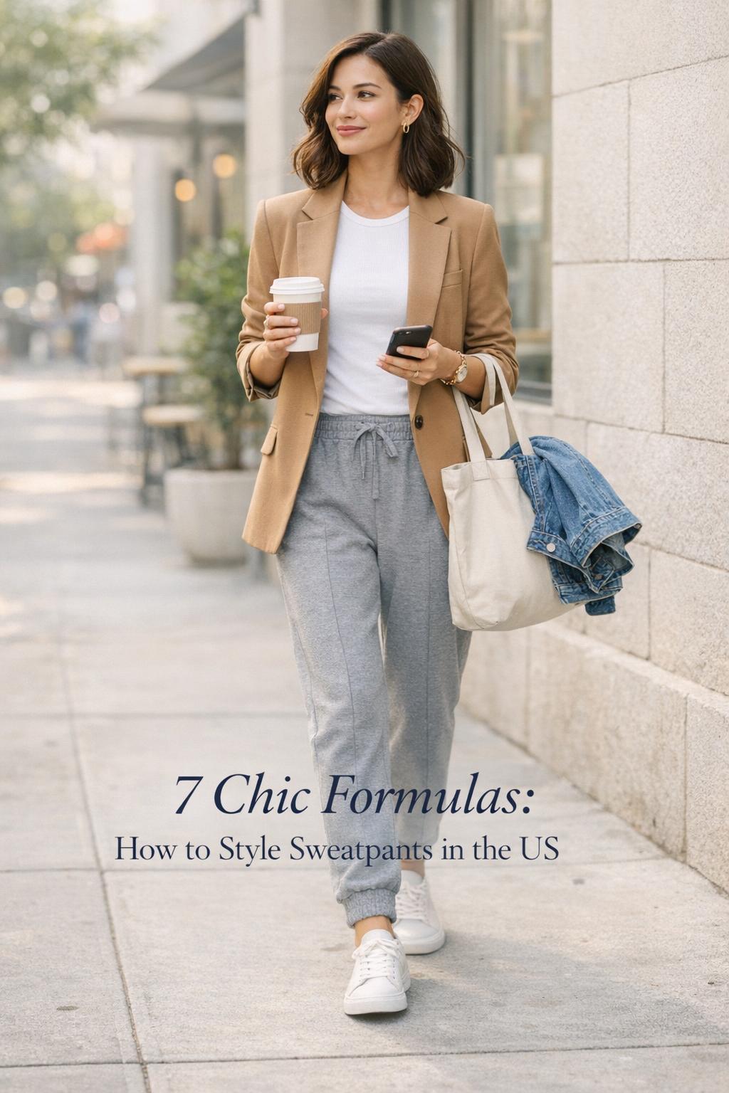 Stylish woman outside minimalist cafe showing how to style sweatpants with camel blazer, white tee, and coffee to-go