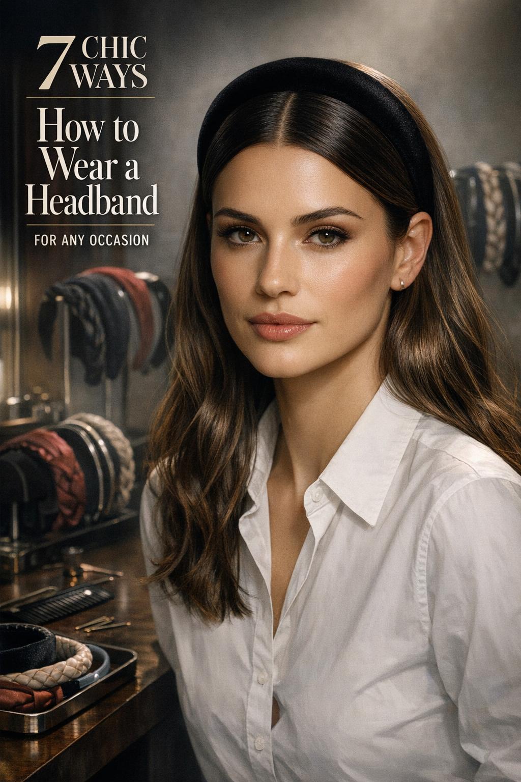 How to wear a headband tutorial photo with model in velvet padded headband, sleek middle part, studio vanity setup