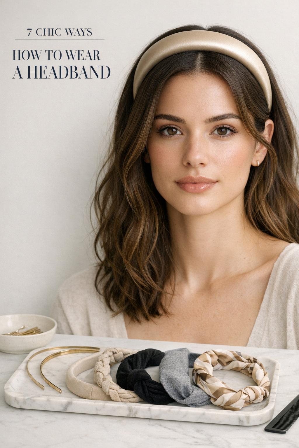 How to wear a headband tutorial photo with champagne satin padded headband, glossy waves, and minimalist studio accessories