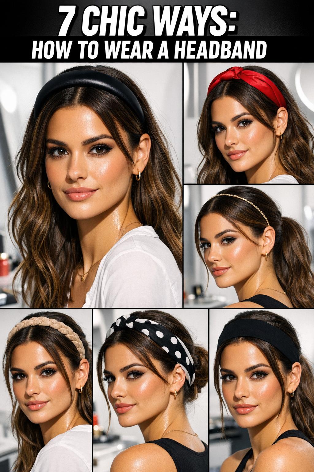 How to wear a headband with a sleek hairstyle, close-up of a woman adjusting a fabric headband