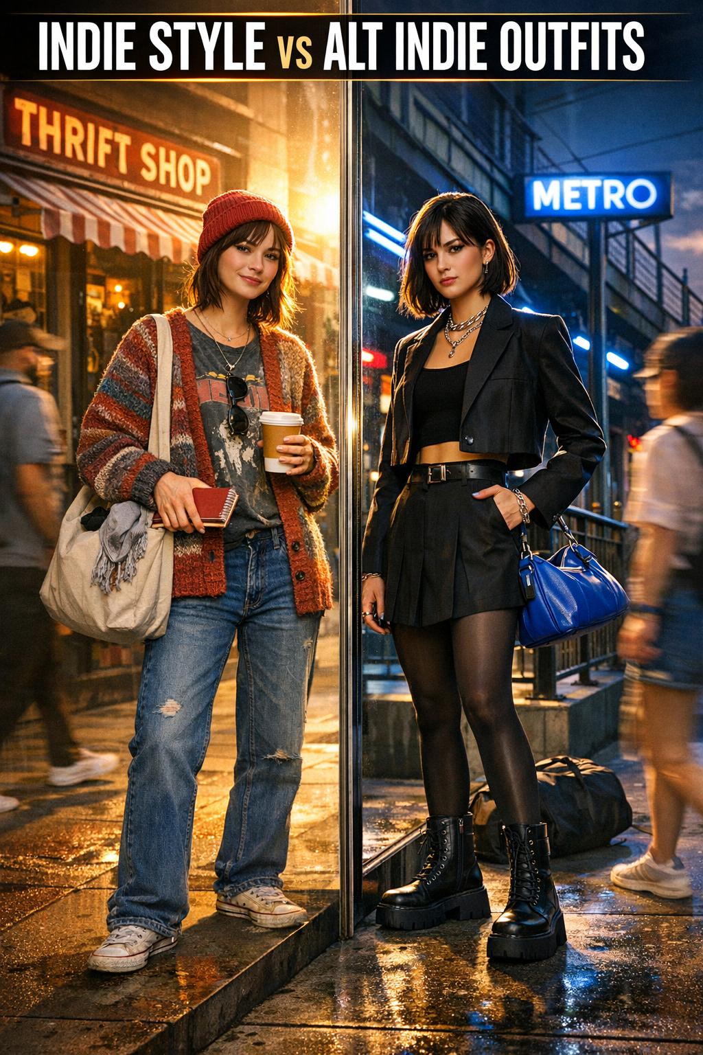 Indie style portrait of a woman in vintage layered outfit on a city street