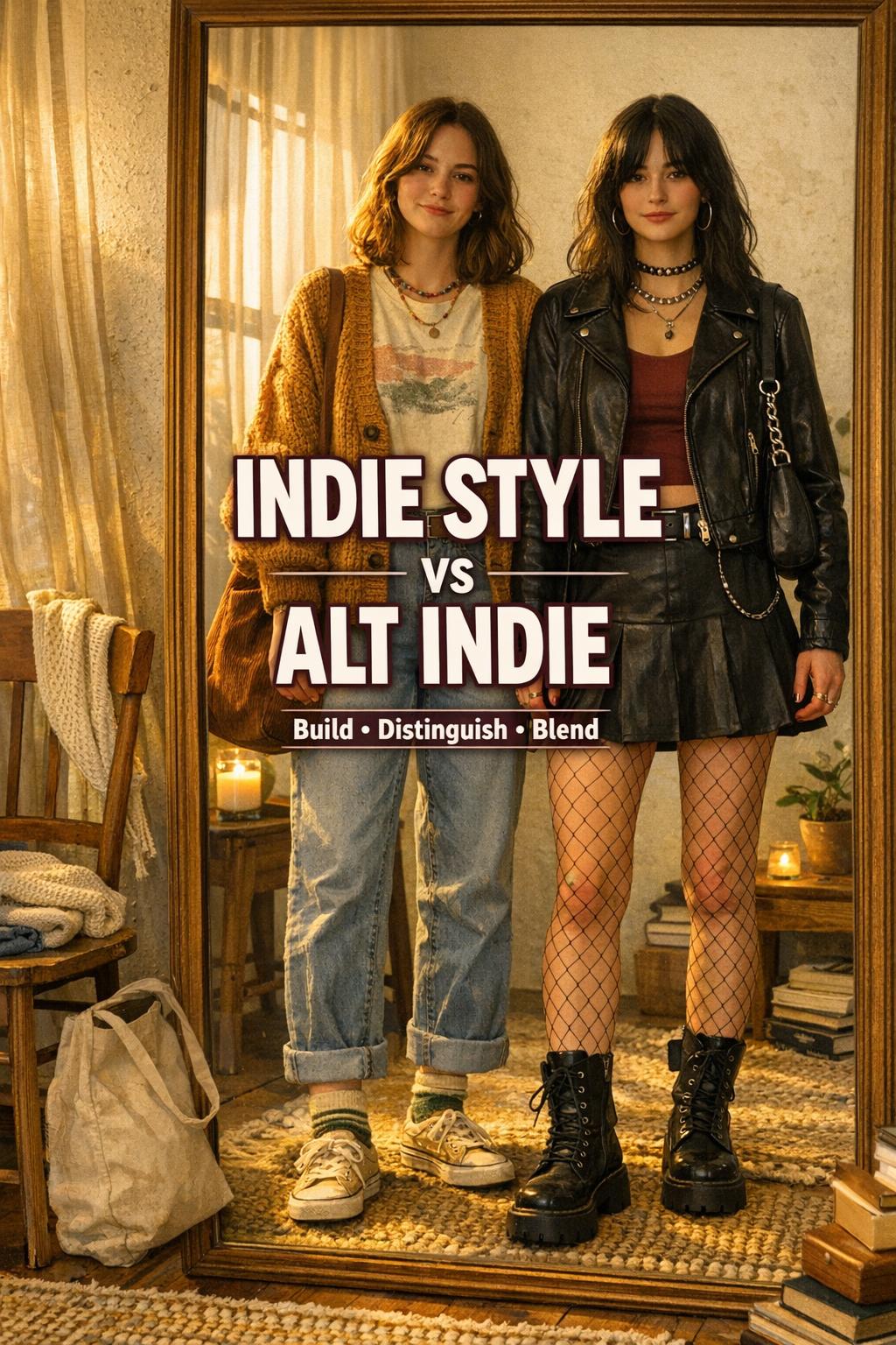 Indie style vs alt indie mirror selfie in a cozy golden-hour bedroom corner with two outfits side-by-side