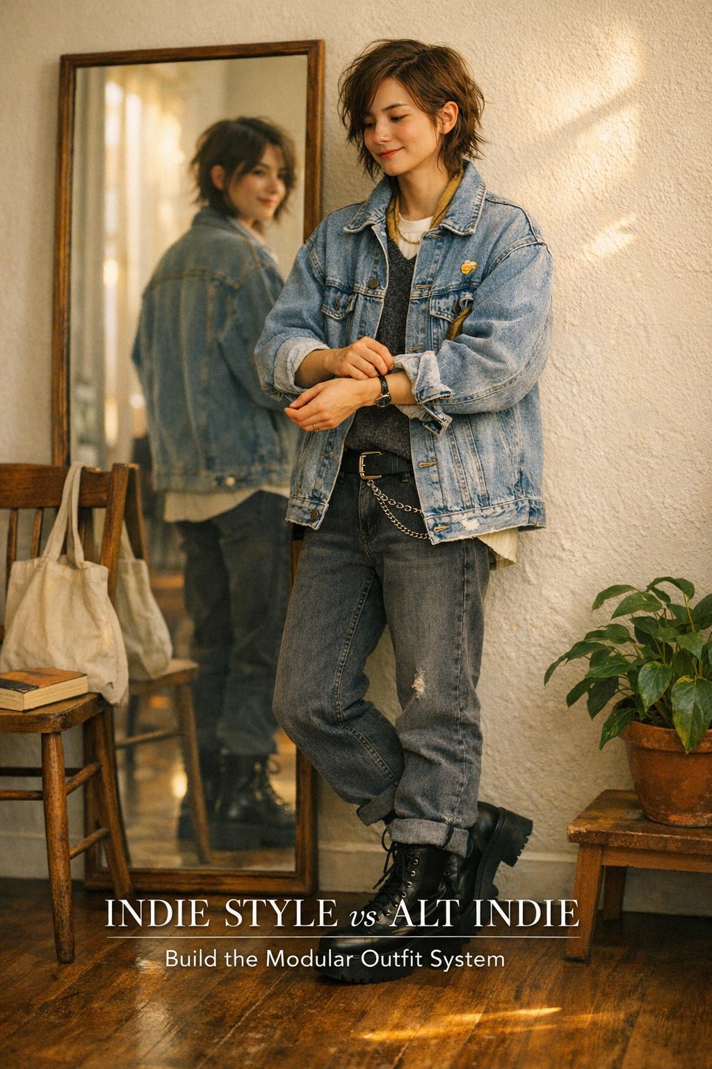 Indie style modular outfit in mirror: denim jacket, knit vest, chain belt and platform boots in golden-hour apartment hallway.