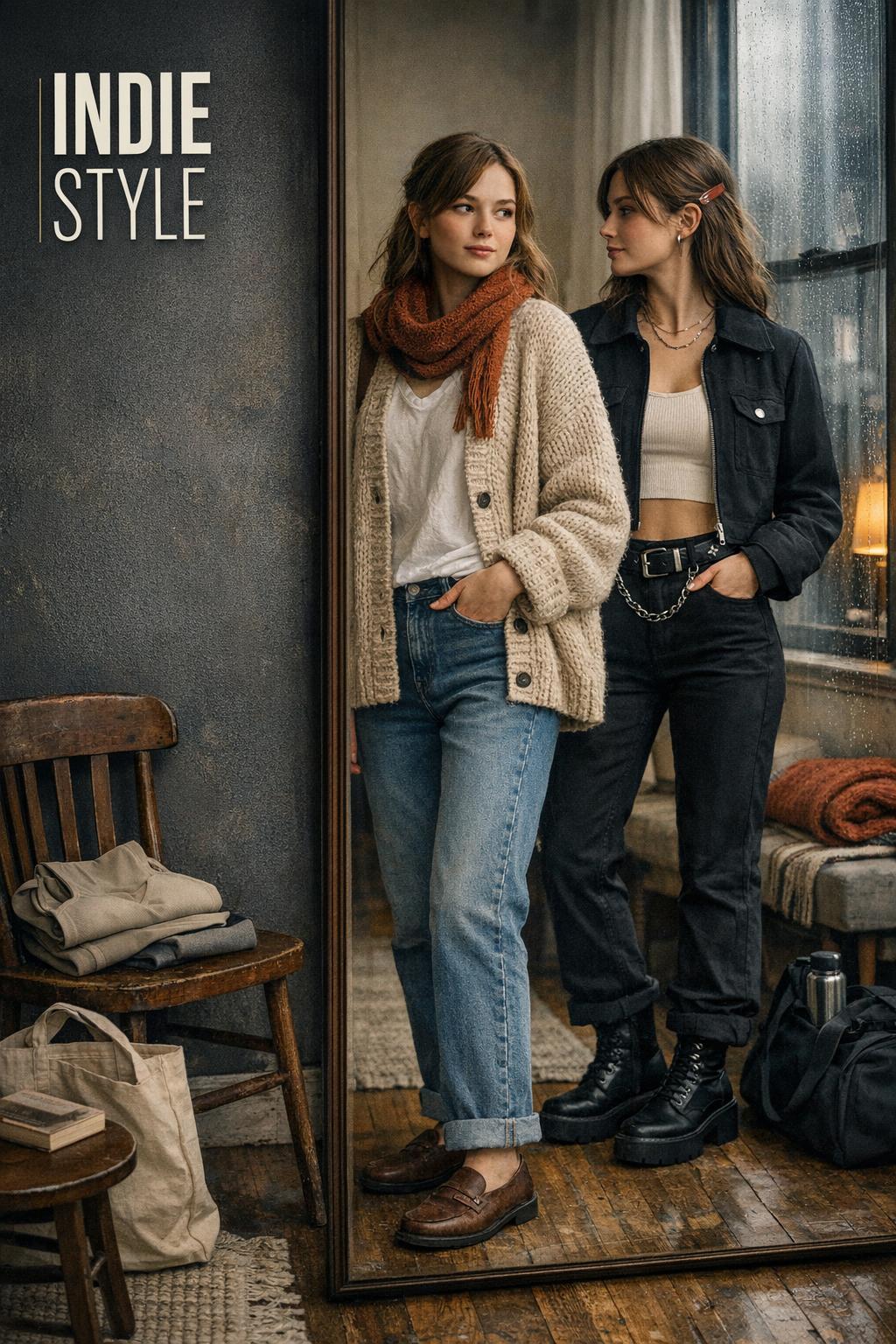 Indie style outfit vs alt indie reflection in a moody apartment mirror scene with window light and bold “INDIE STYLE” text