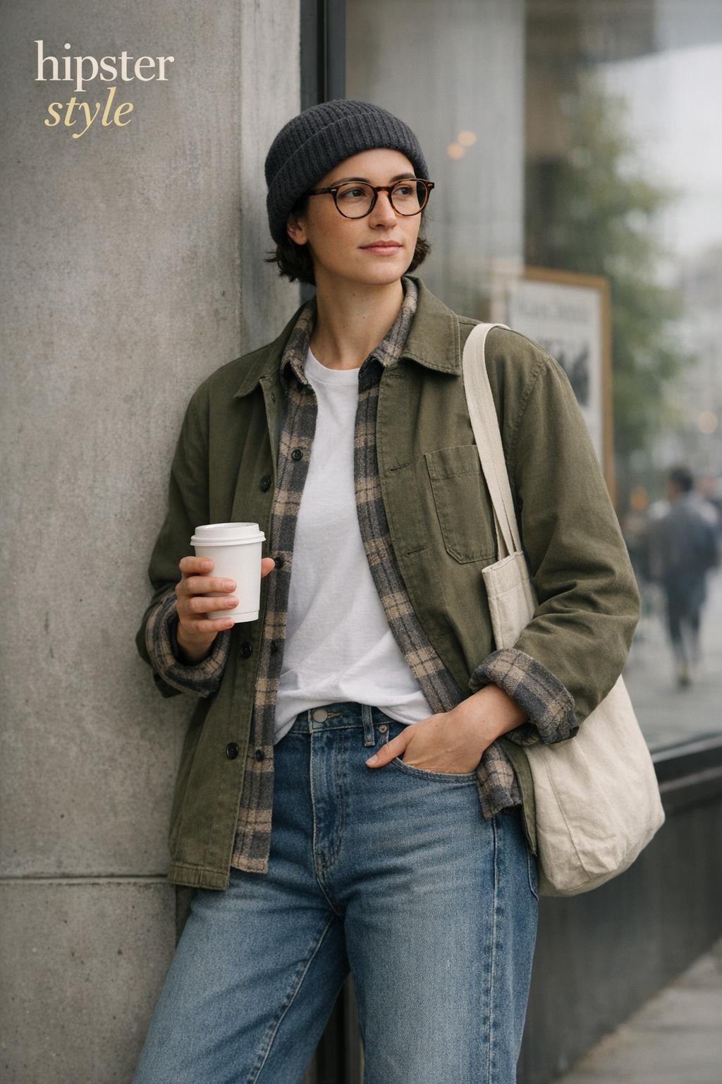 Minimalist street-to-café portrait showing hipster style with layered flannel, chore coat, denim, beanie, and boots
