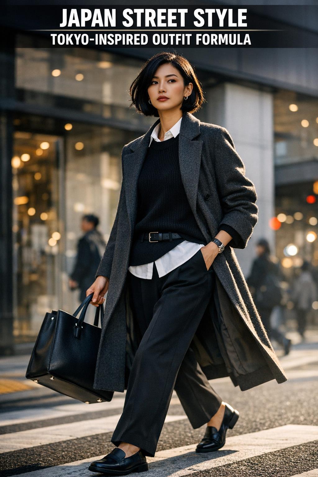 Japan street style photo of fashionable pedestrians walking through a lively Tokyo city street