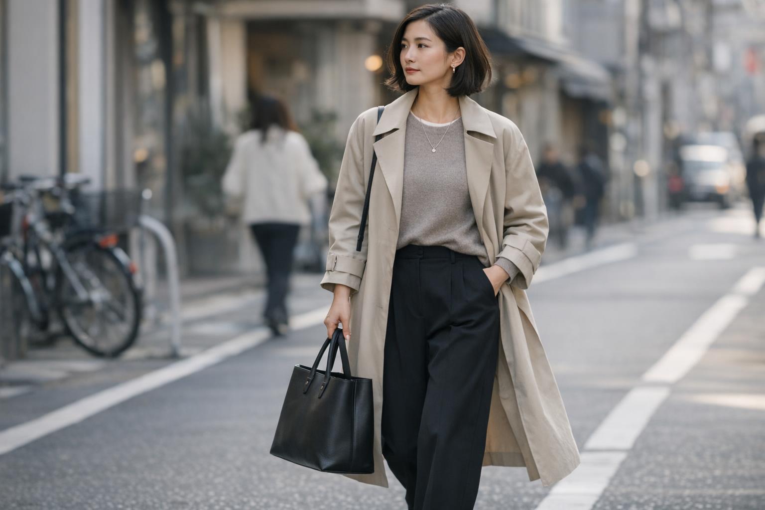 Japan street style look with relaxed minimal layers in neutral tones on a Tokyo street, polished everyday outfit