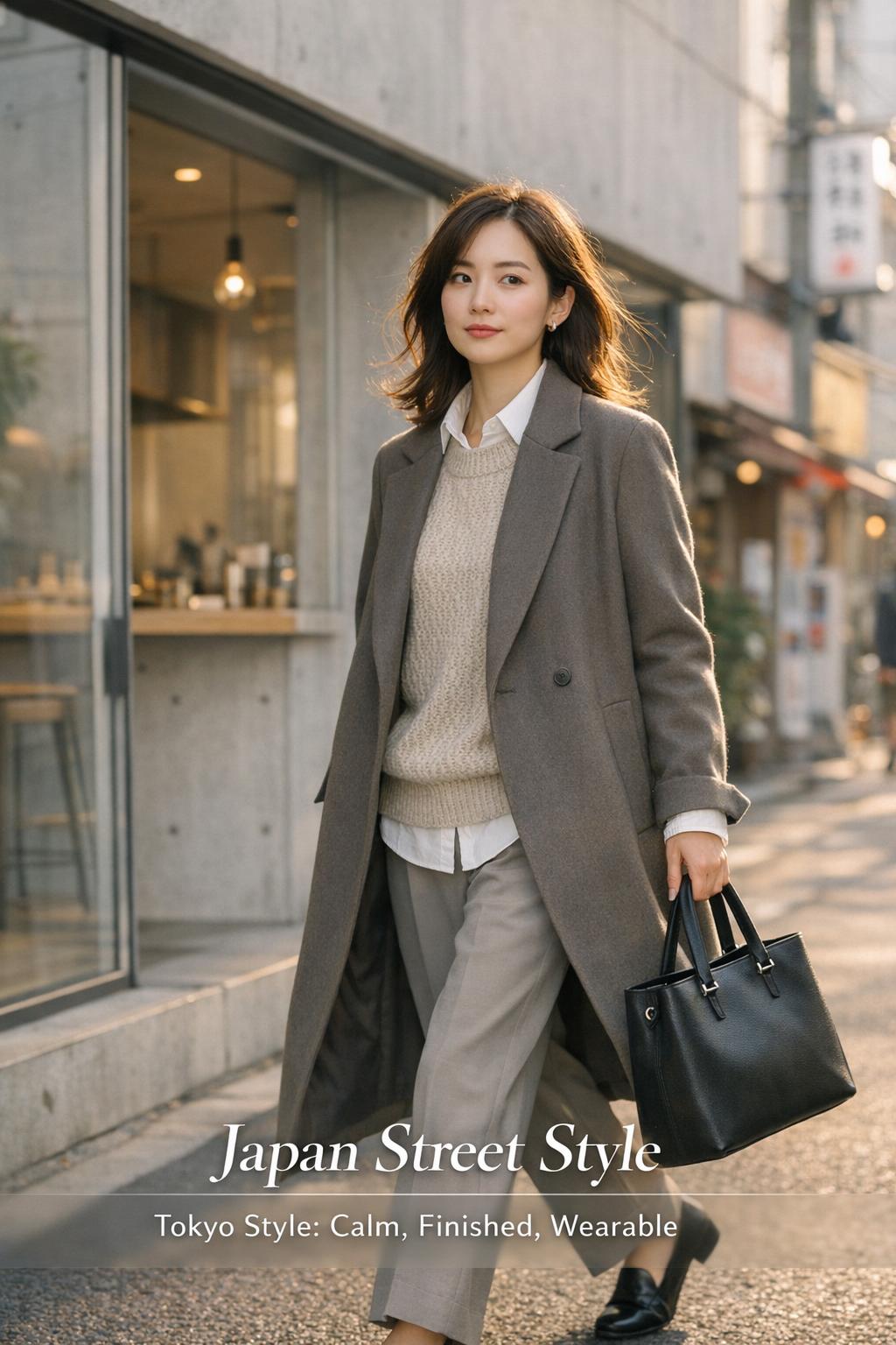 Japan street style commuter walking past a minimalist Tokyo cafe in soft daylight, wearing a tailored long coat and tote