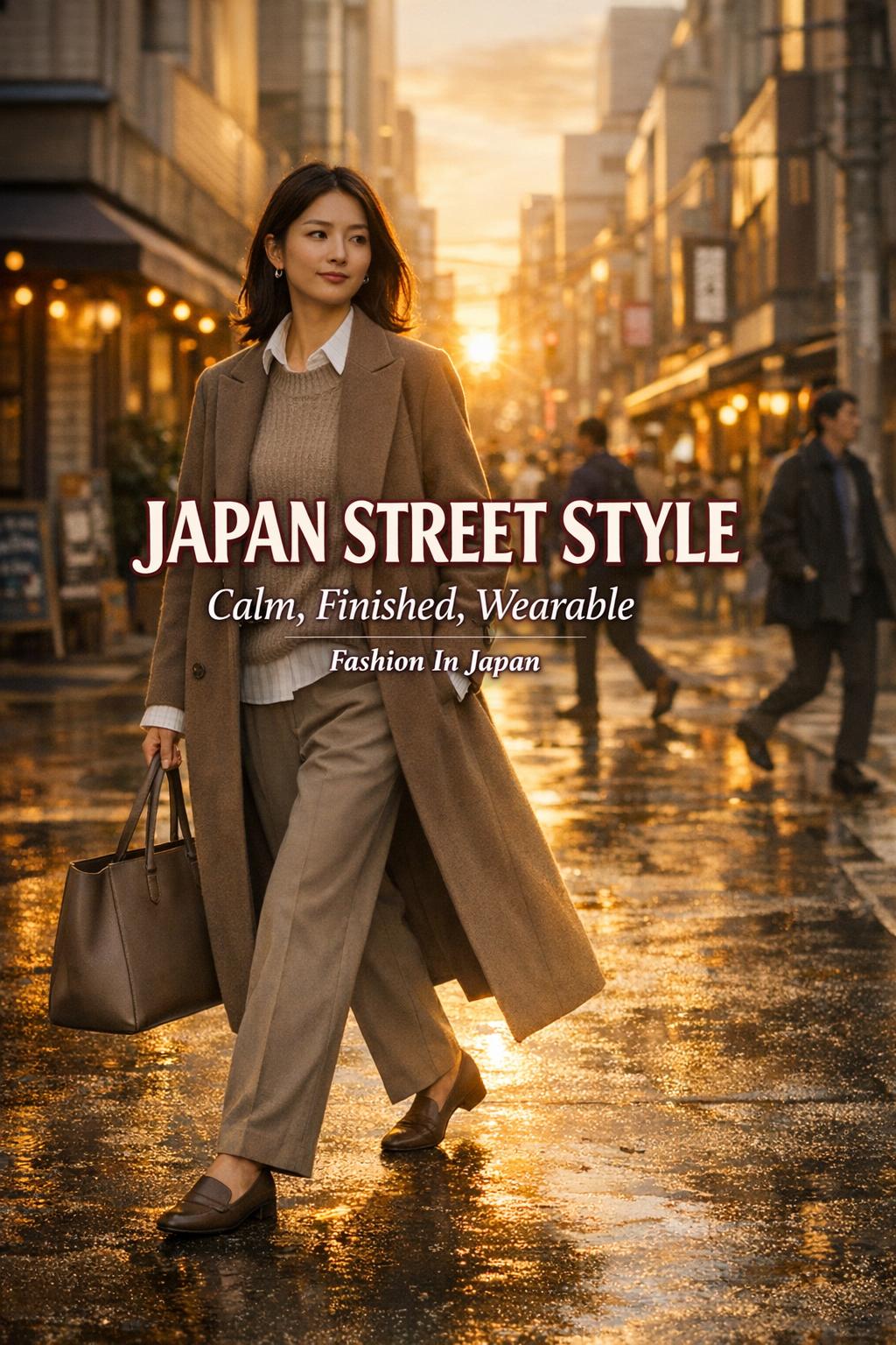 Japan street style at golden hour in Tokyo, woman in camel longline coat walking past café on wet street with text overlay