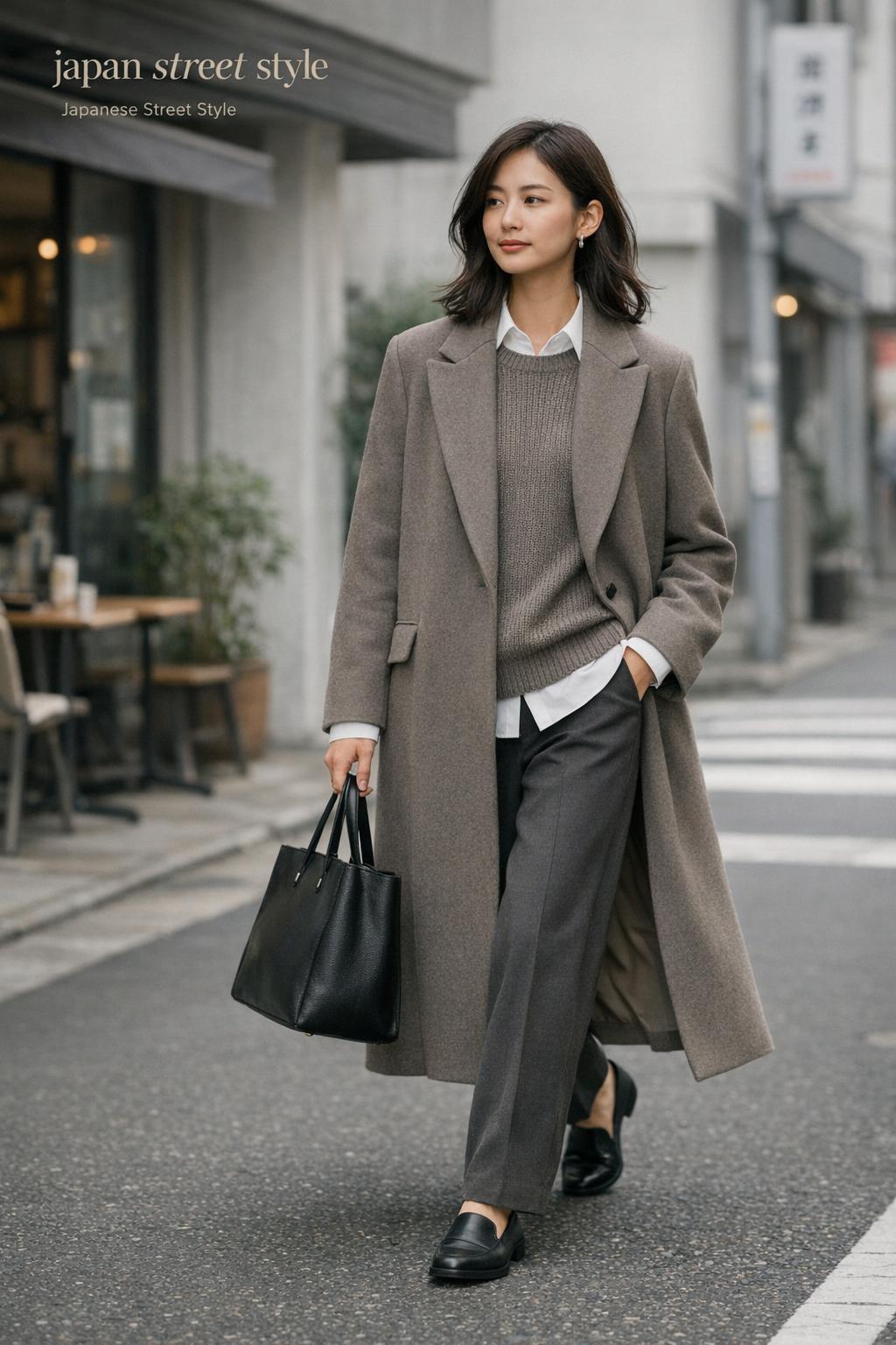 Japan street style look: Tokyo-inspired Japanese woman in neutral coat and trousers walking on a quiet street
