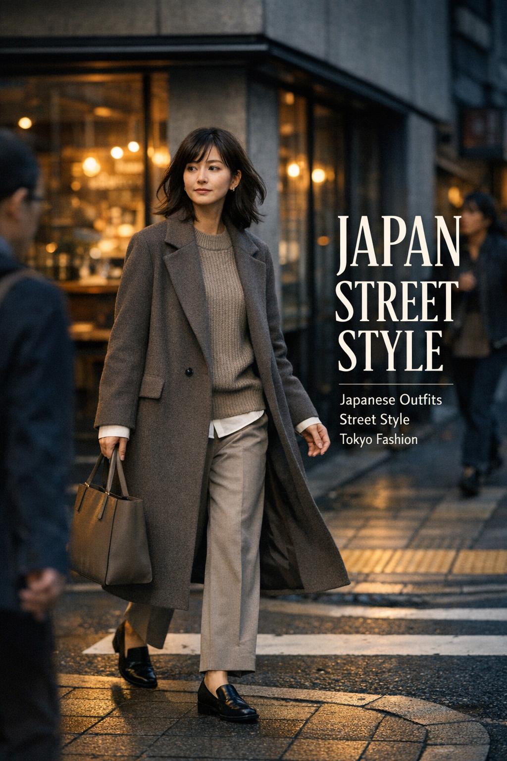 Japan street style in Tokyo: stylish Japanese woman in layered neutral coat walking past a modern Shibuya shopping street