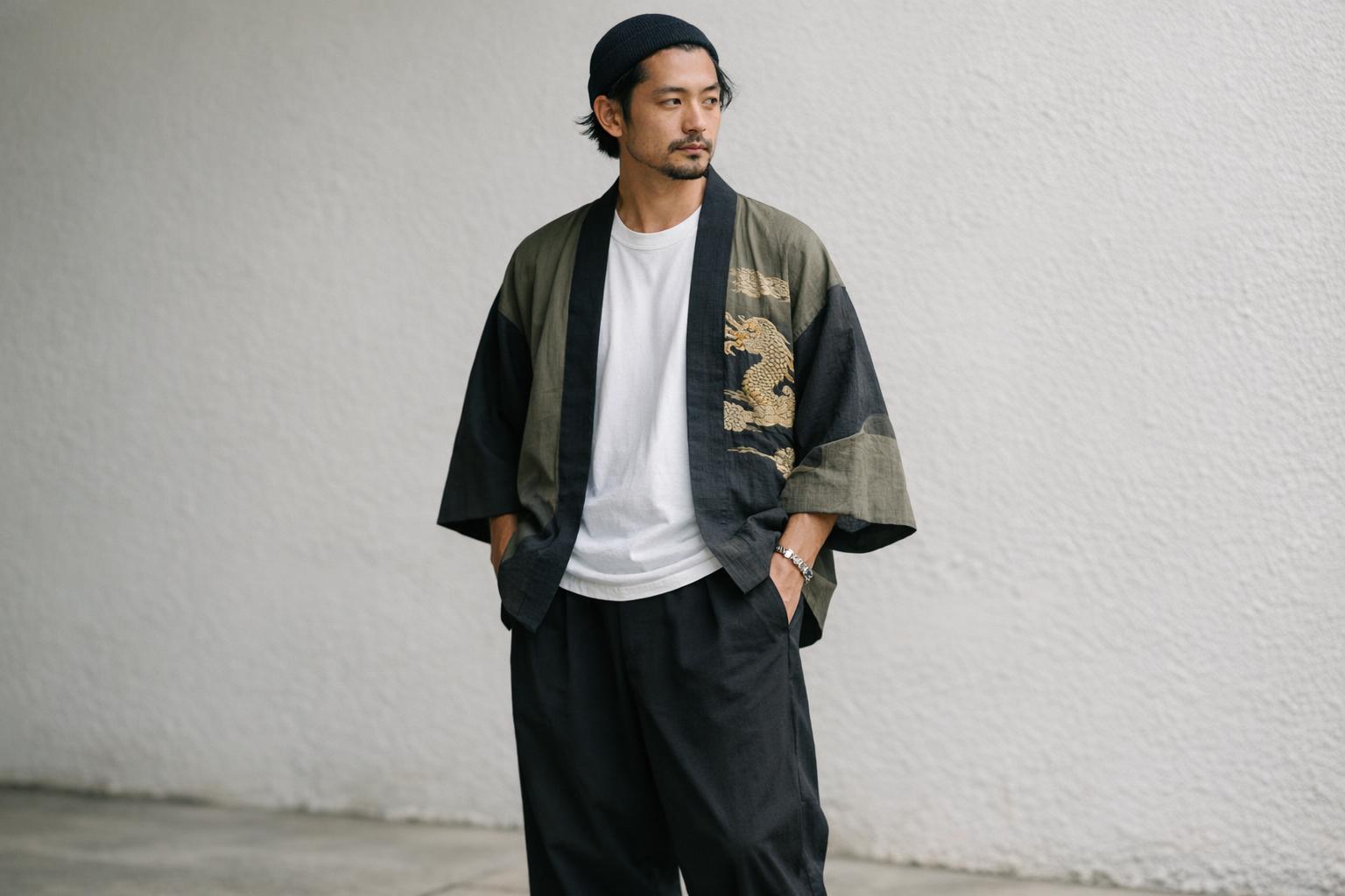 Japanese style outfits with a modern haori layer over a neutral tee and wide-leg pants, photographed in natural city light