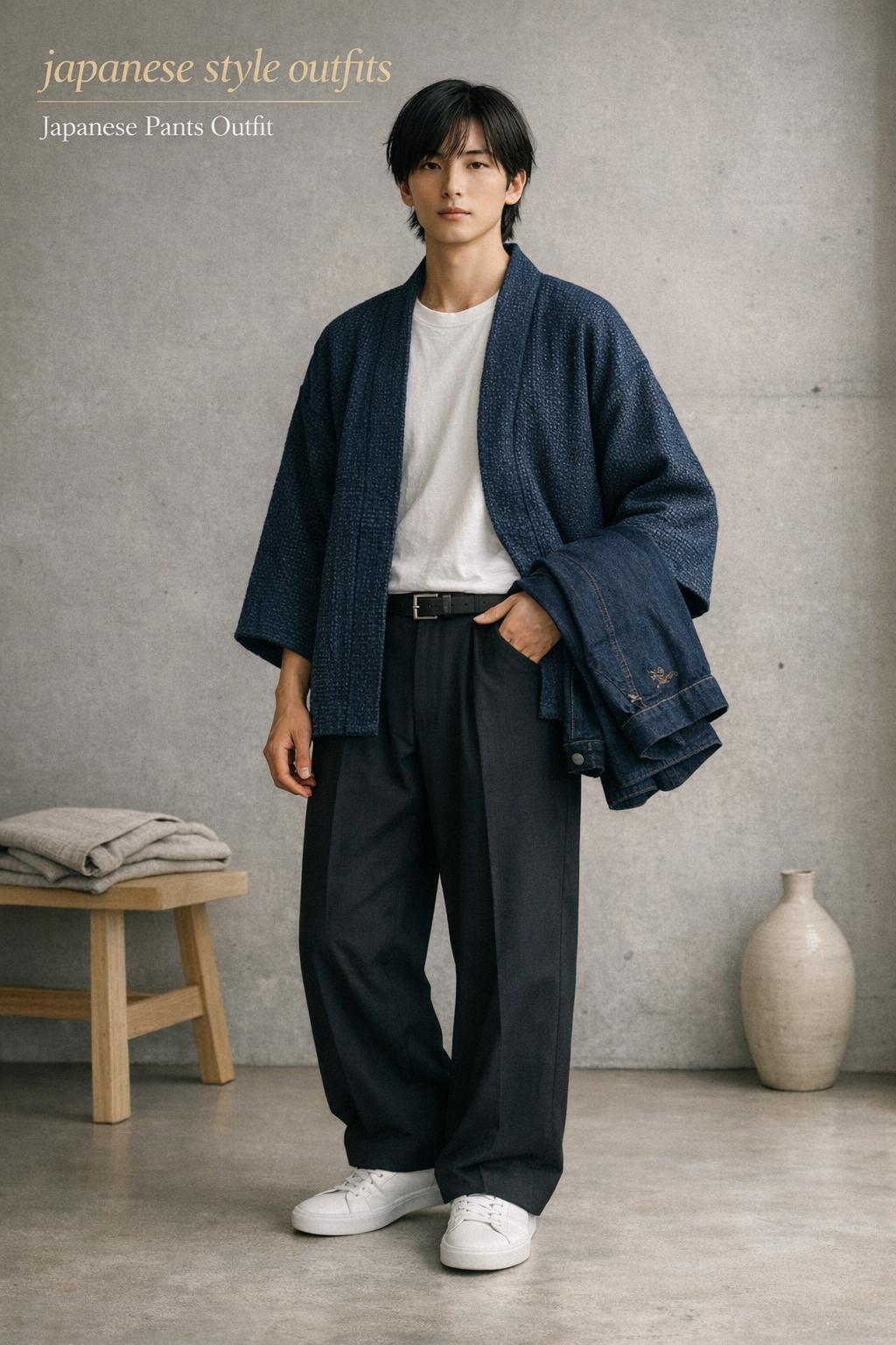 Japanese style outfits featuring an androgynous model in textured haori jacket, white tee, black pants and sneakers.