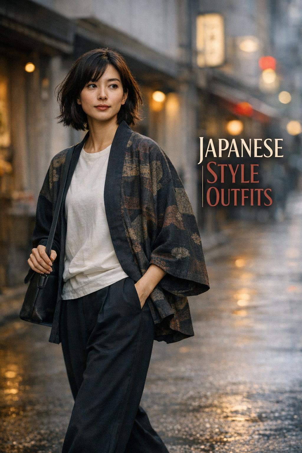 Japanese style outfits street photo in Tokyo featuring a model in a kimono-inspired haori, black trousers, and sneakers