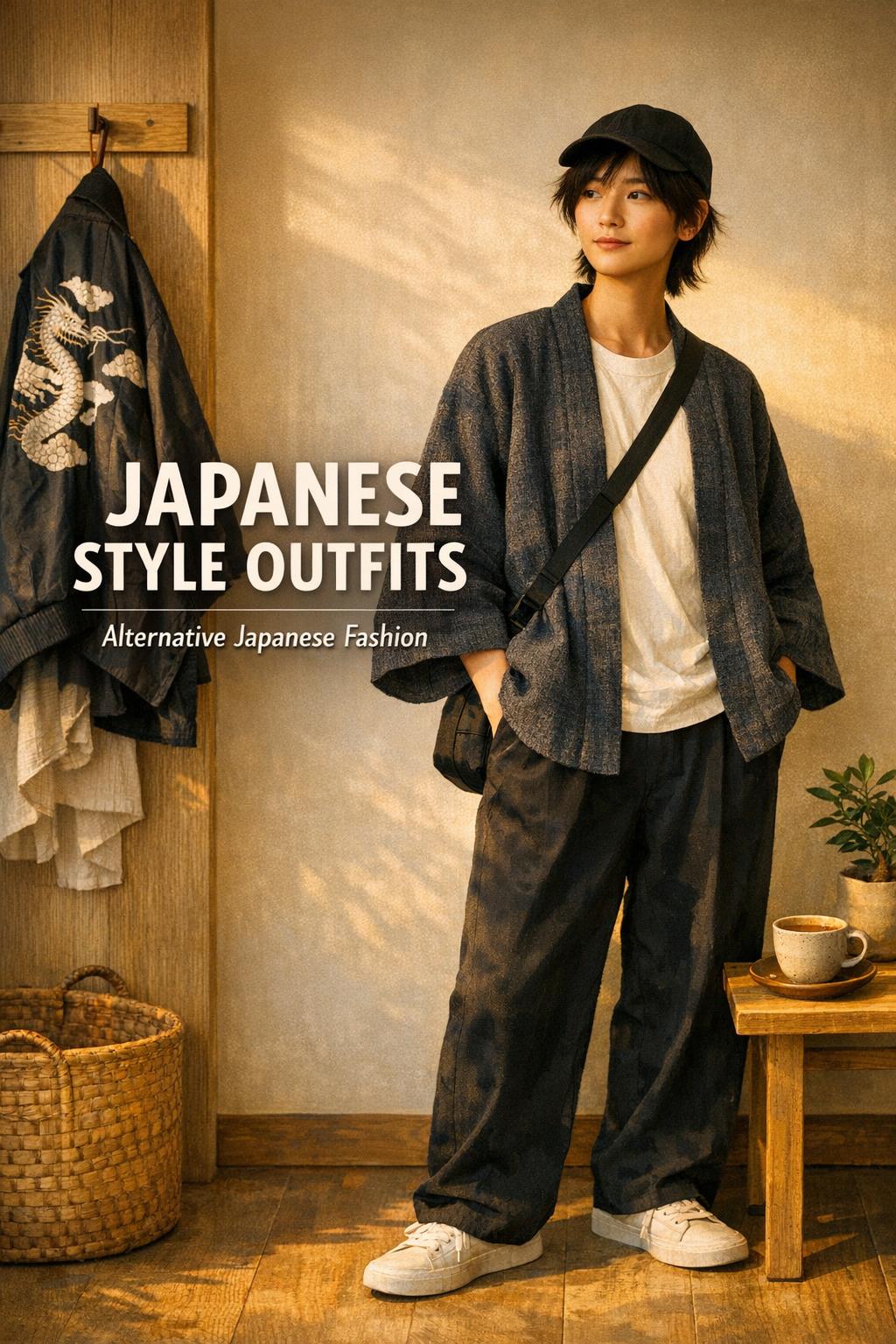 Japanese style outfits in warm Tokyo-inspired entryway, young adult in haori jacket and wide-leg trousers, golden-hour light