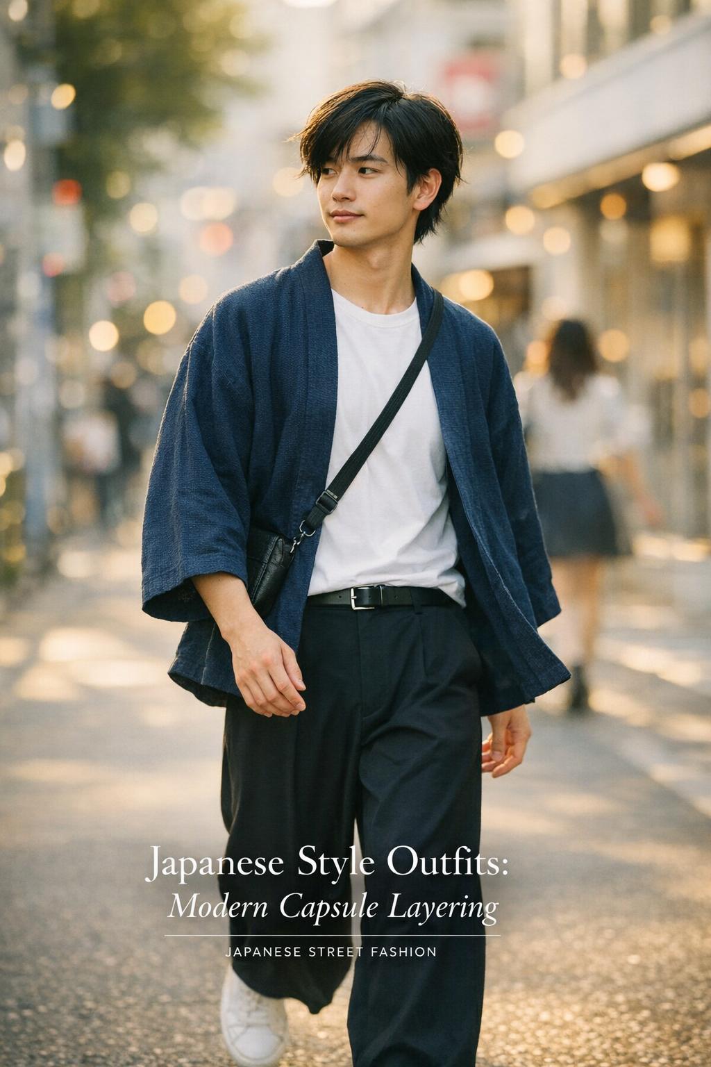 Japanese style outfits street fashion in Tokyo at golden hour, indigo haori jacket, white tee, black wide-leg trousers, sneakers
