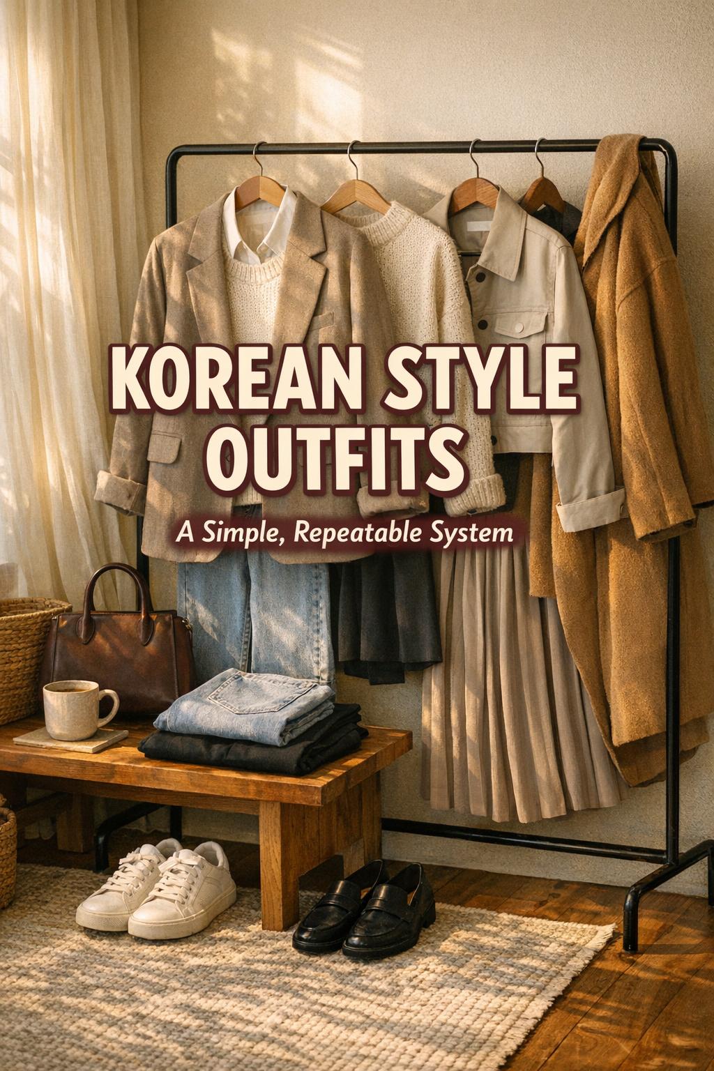 Korean style outfits capsule wardrobe flat lay with beige blazer, jeans, loafers, and brown leather bag in cozy entryway