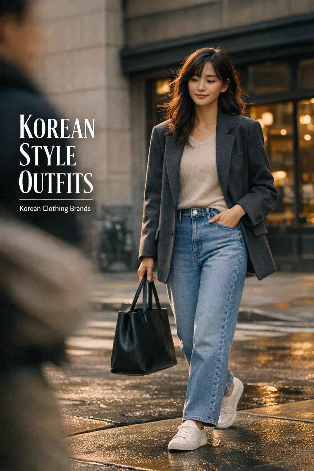 Korean style outfits street look on a young woman during a city coffee run in a modern downtown, cinematic morning light