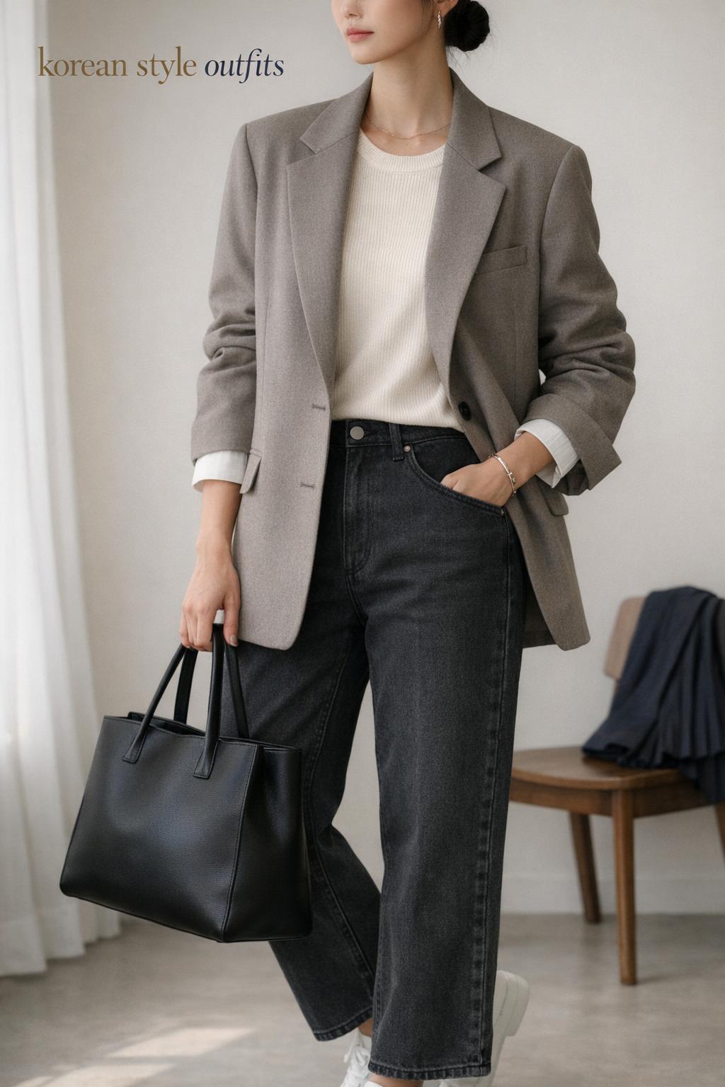 Korean style outfits with greige oversized blazer, ivory knit and charcoal trousers in minimalist studio light