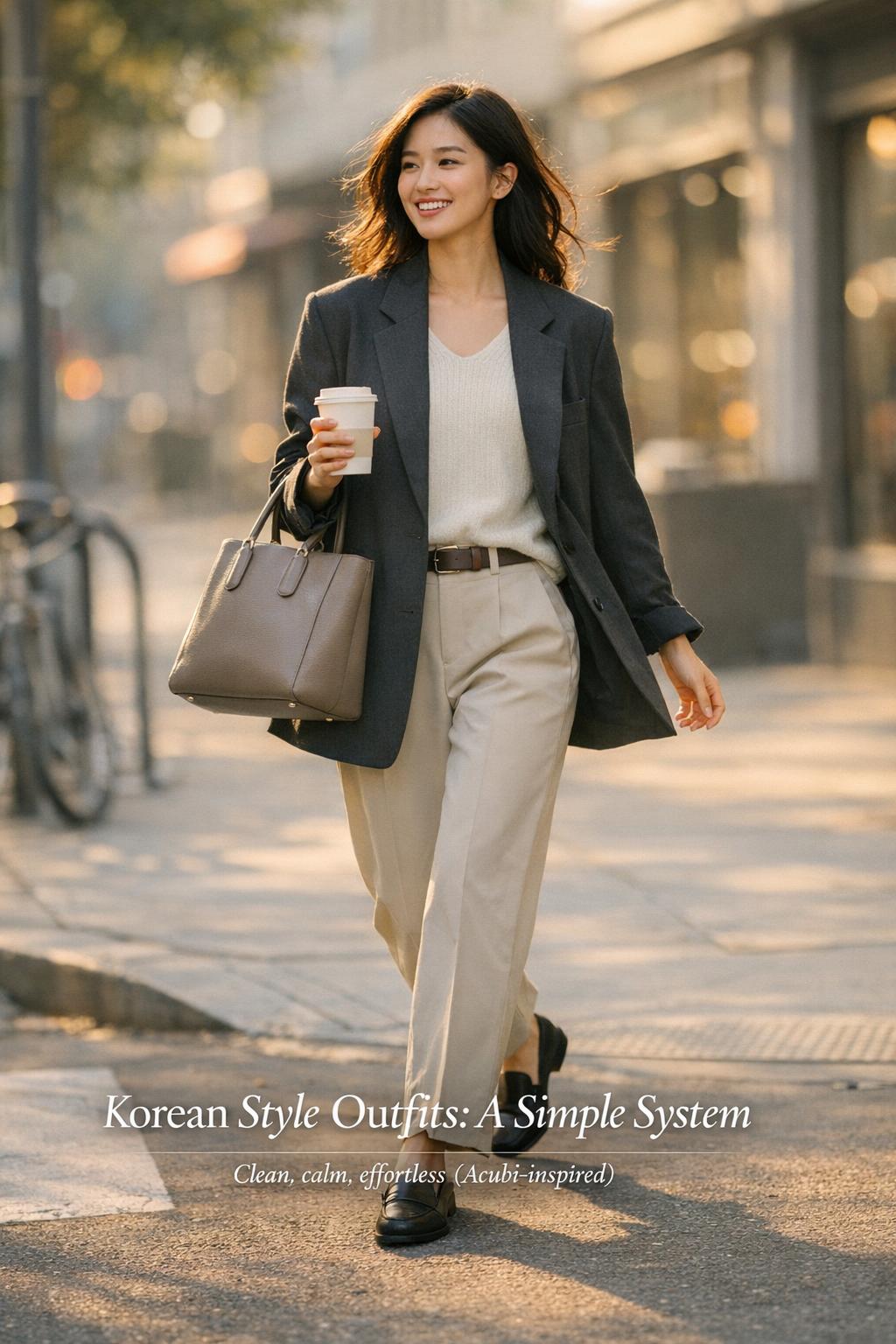 Stylish woman walking with coffee on a sunny city street wearing korean style outfits with blazer, knit top, and light denim.