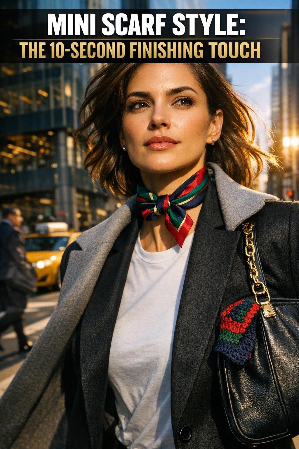 Mini scarf style worn as a chic neck accessory with a classic outfit in natural light