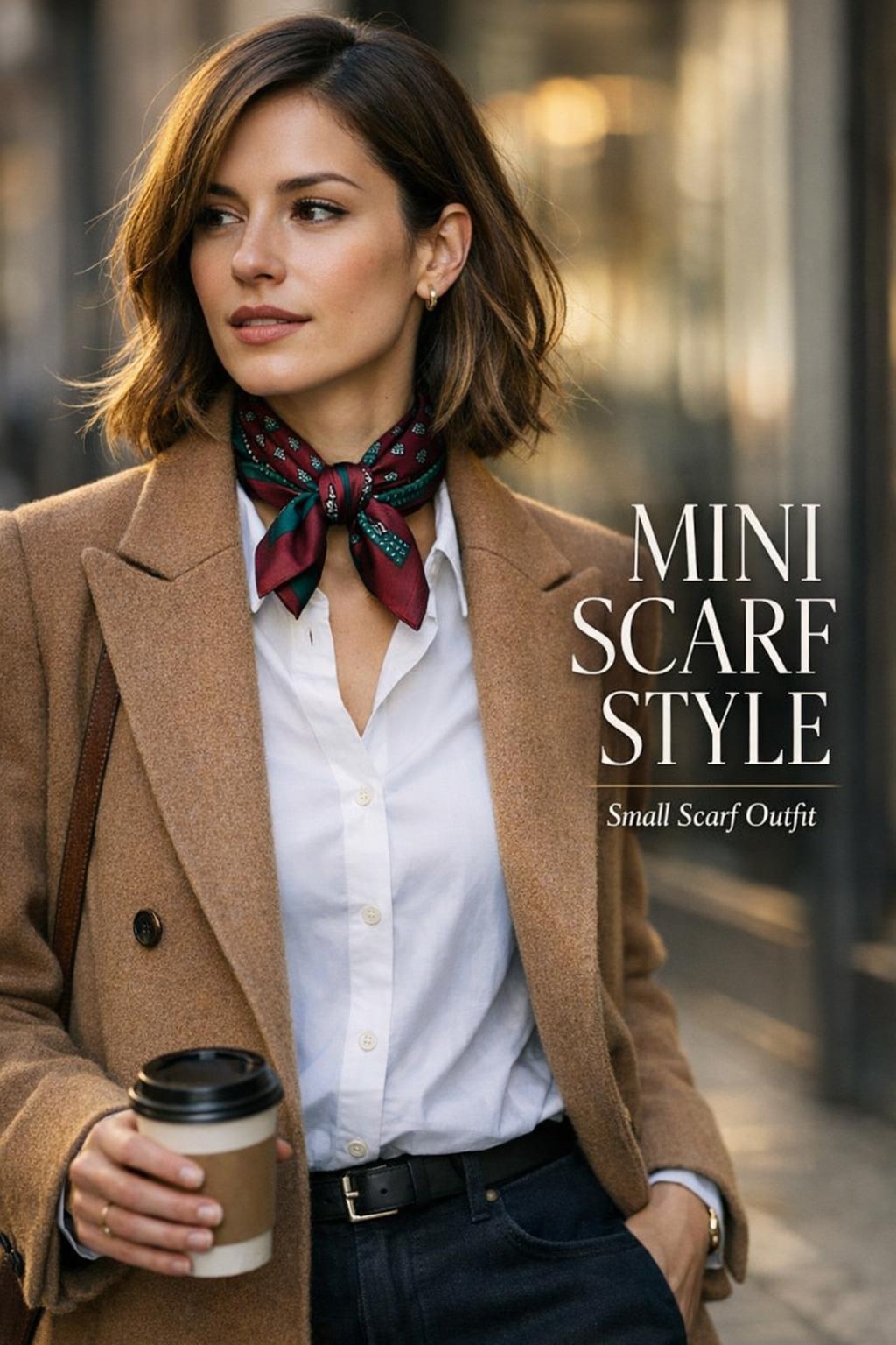 Mini scarf style in a European city: woman in camel coat wears a jewel-tone silk mini square scarf tied in a neat knot