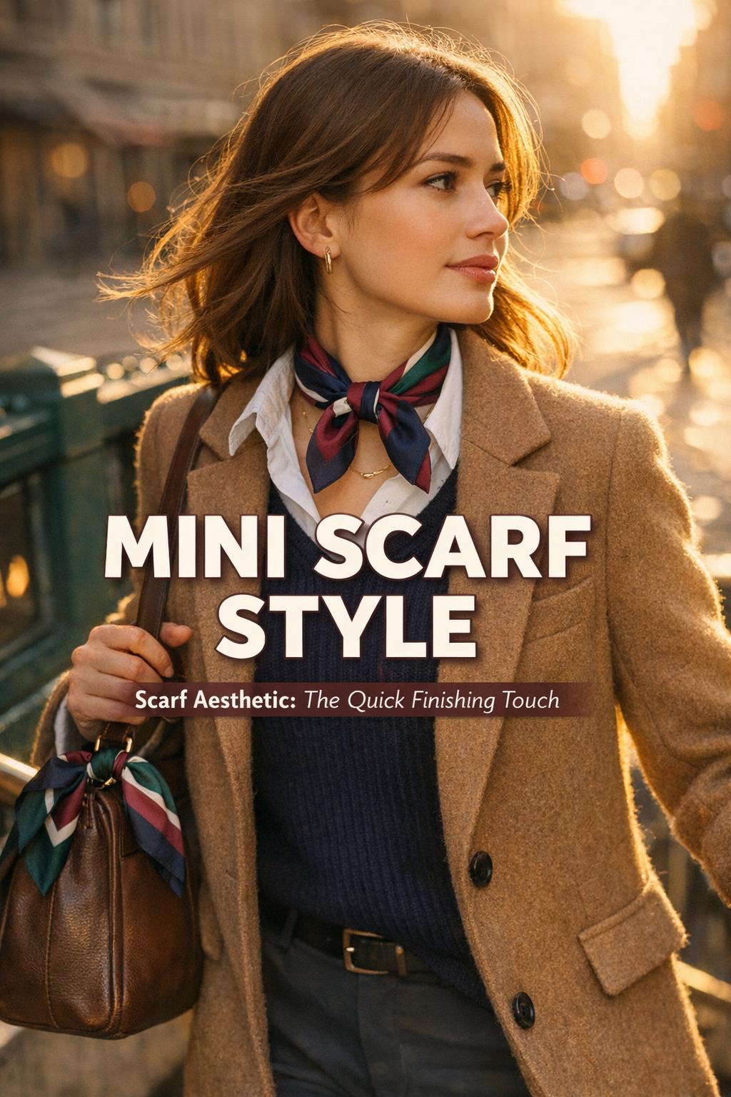 Mini scarf style with a twilly neck scarf on a woman in a camel coat commuting by a sunlit city subway entrance